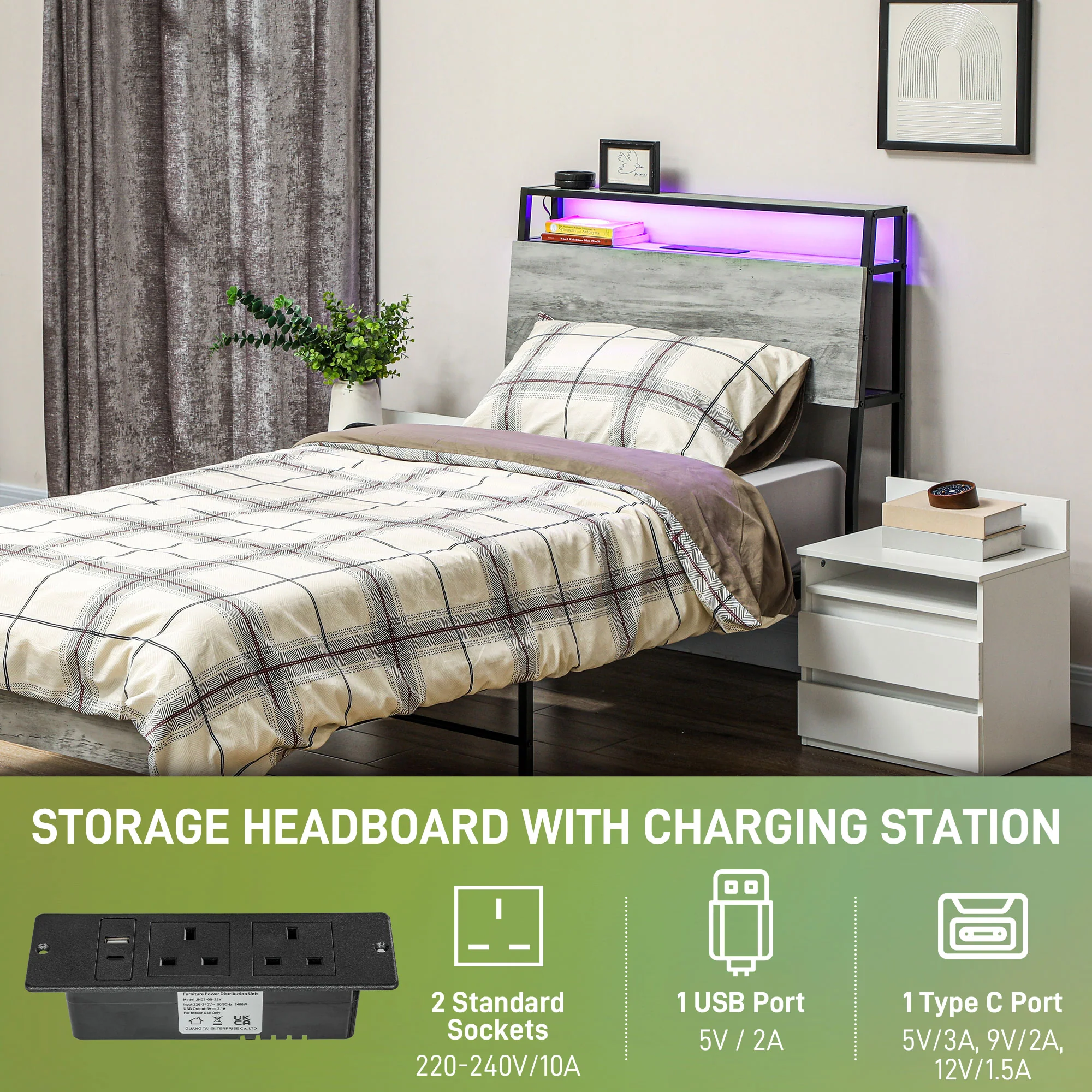 HOMCOM LED Cement Grey Bed Frame with Charging Station - Image 4
