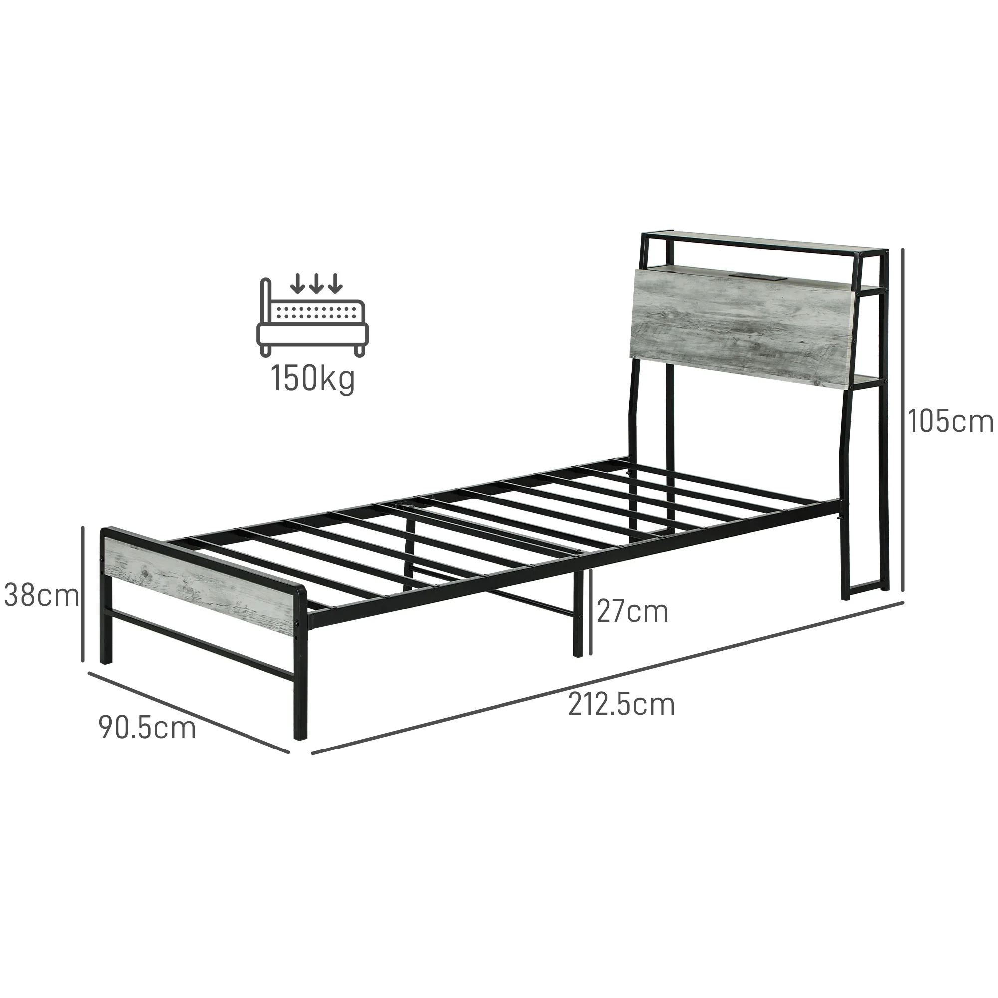 HOMCOM LED Cement Grey Bed Frame with Charging Station - Image 5