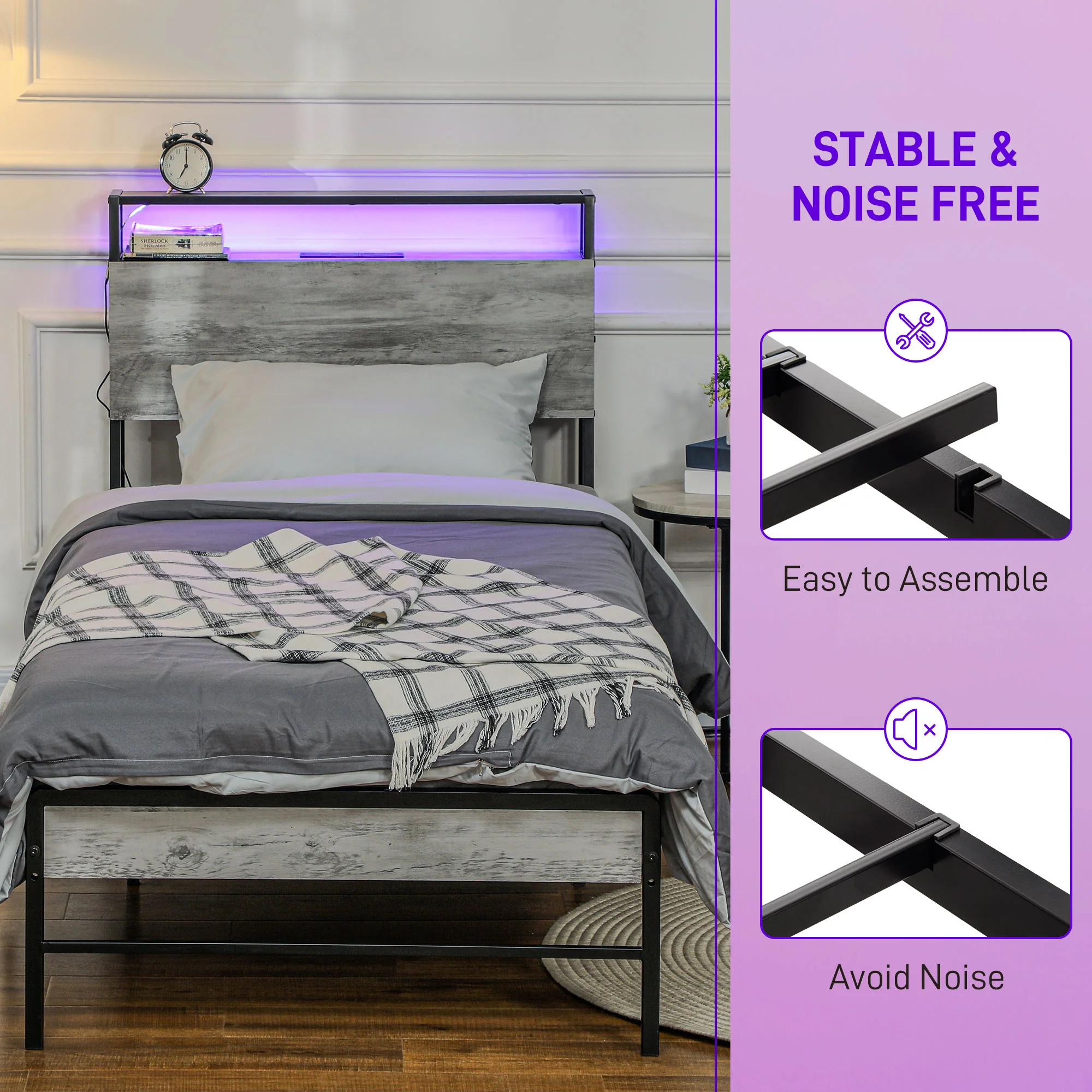 HOMCOM LED Cement Grey Bed Frame with Charging Station - Image 6