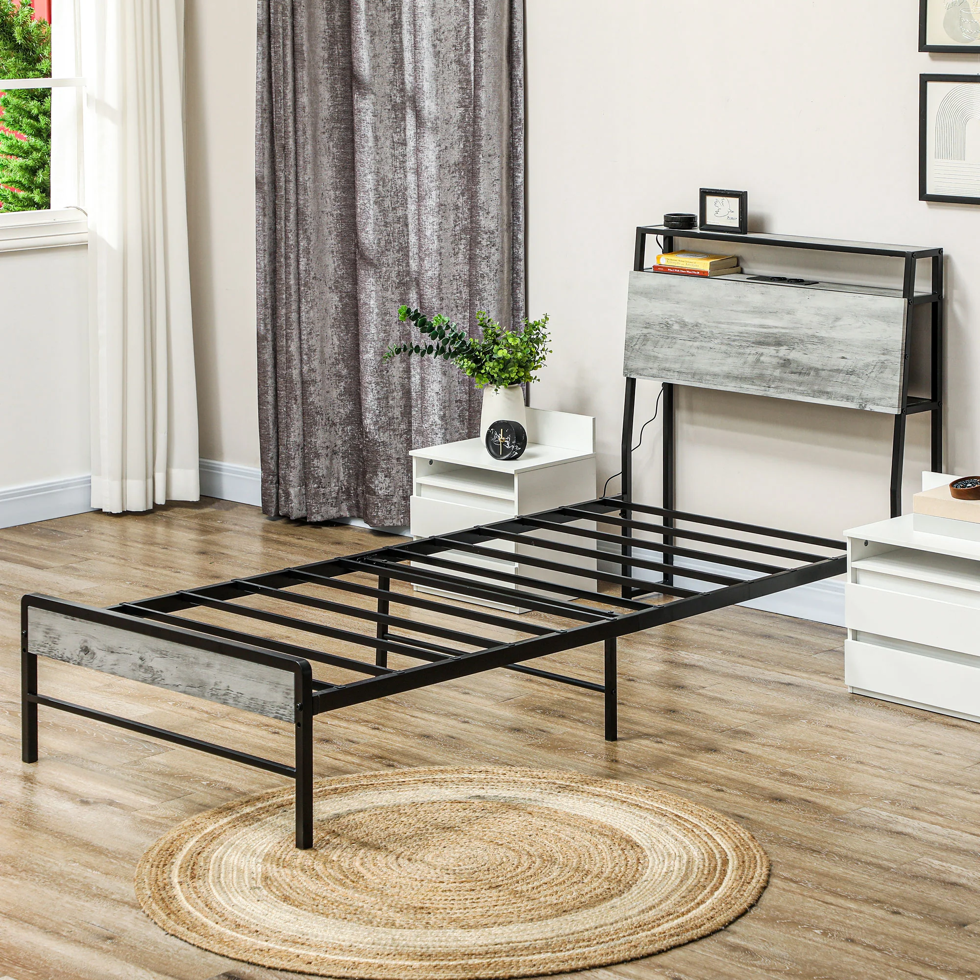HOMCOM LED Cement Grey Bed Frame with Charging Station - Image 9