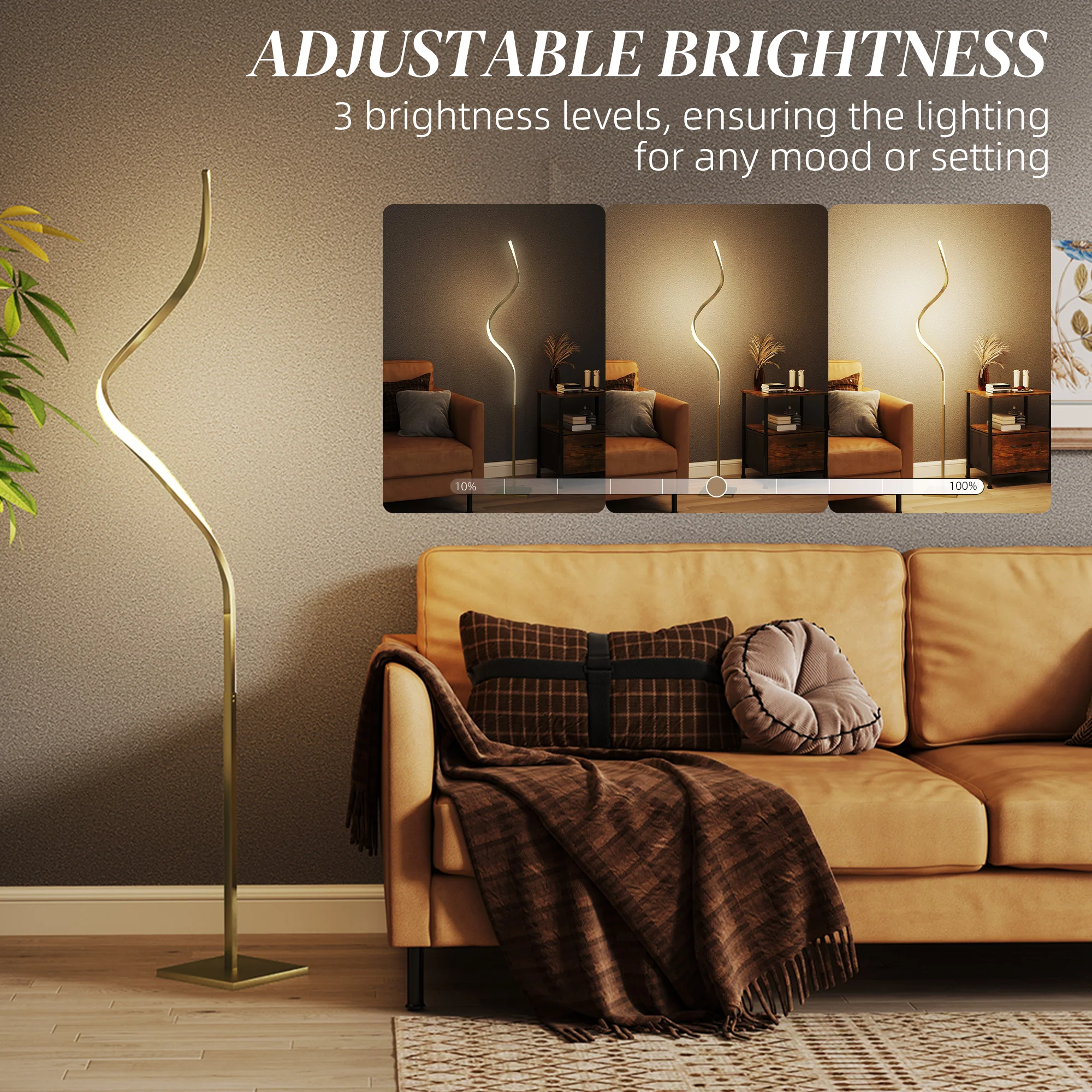 HOMCOM LED Floor Lamp, Standing Lamp With3 Adjustable Brightness Gold Tone - Image 4