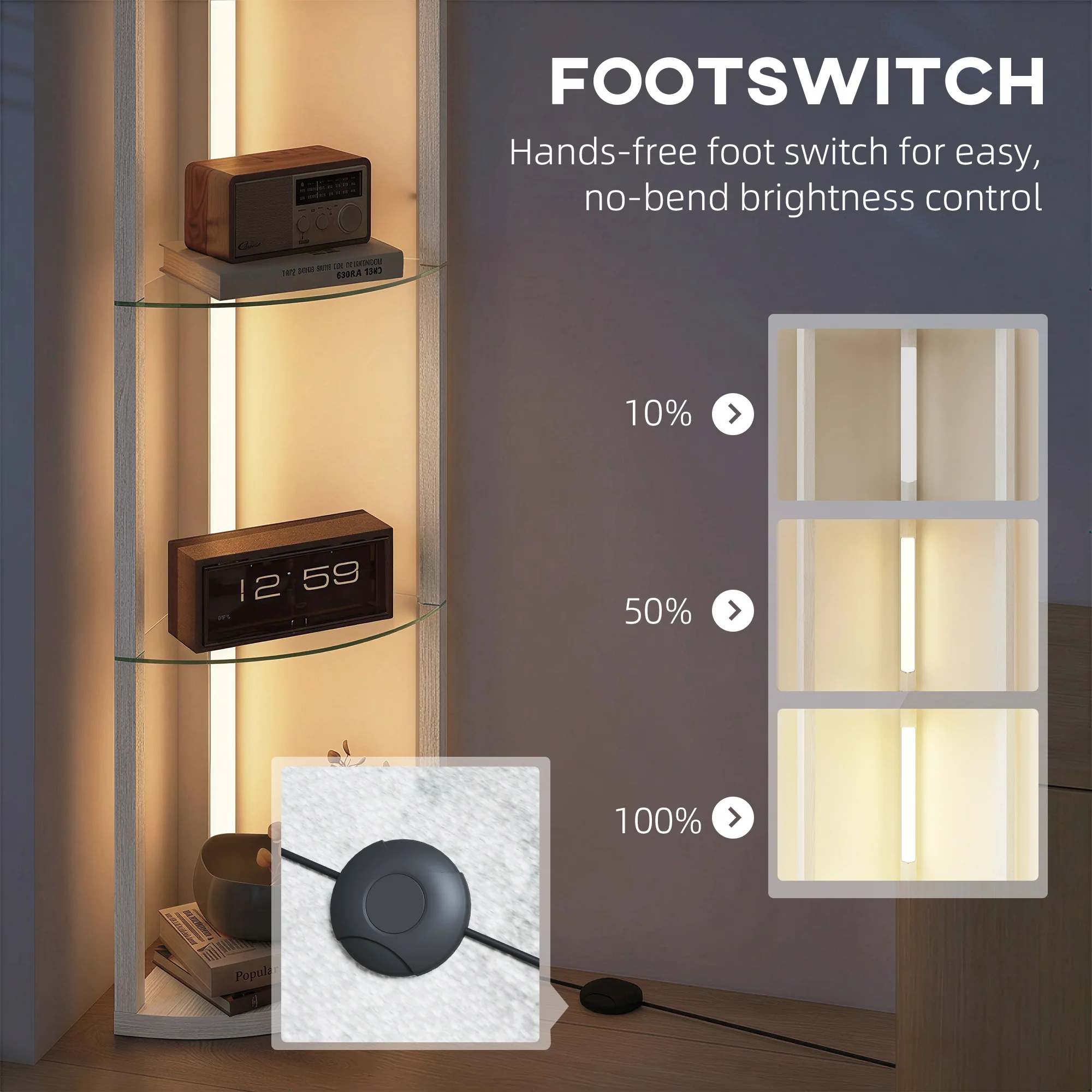 HOMCOM LED Floor Lamp with Shelves, Dimmable Standing Lamp with Foot Switch - Image 6