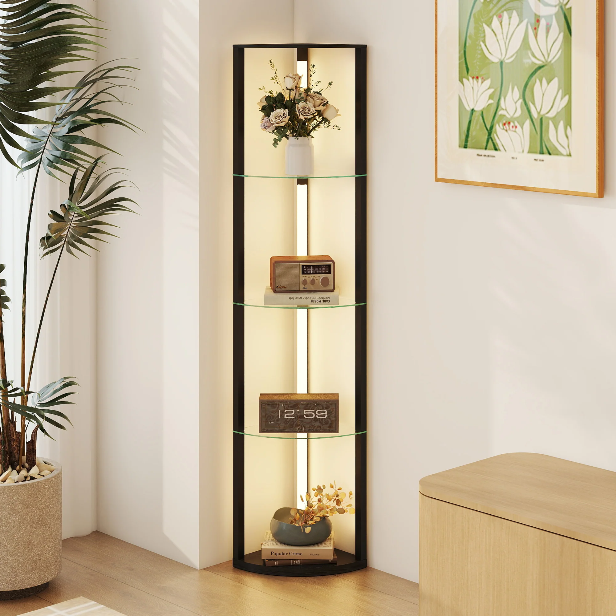 HOMCOM LED Floor Lamp with Shelves, Dimmable Standing Lamp with Foot Switch