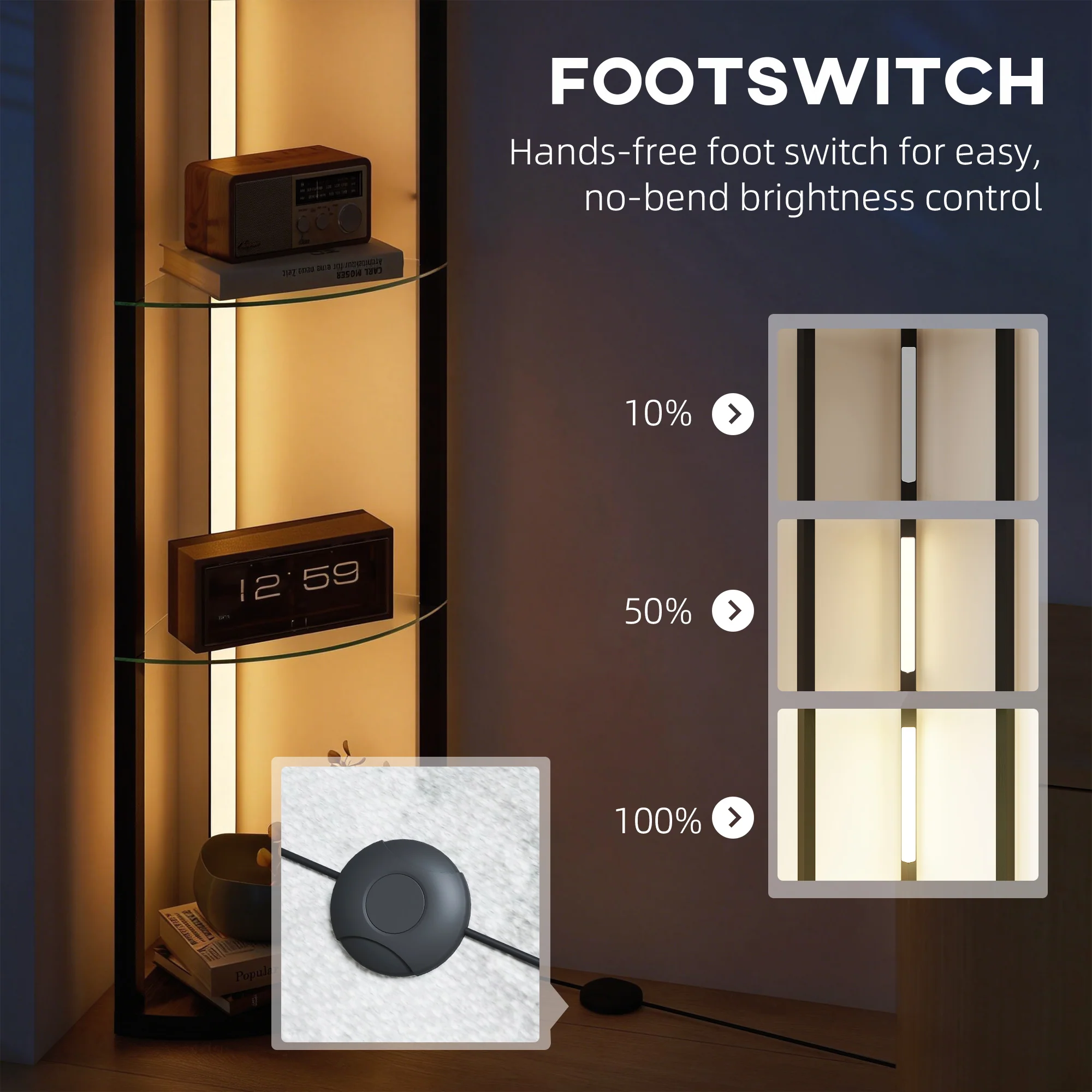 HOMCOM LED Floor Lamp with Shelves, Dimmable Standing Lamp with Foot Switch - Image 6