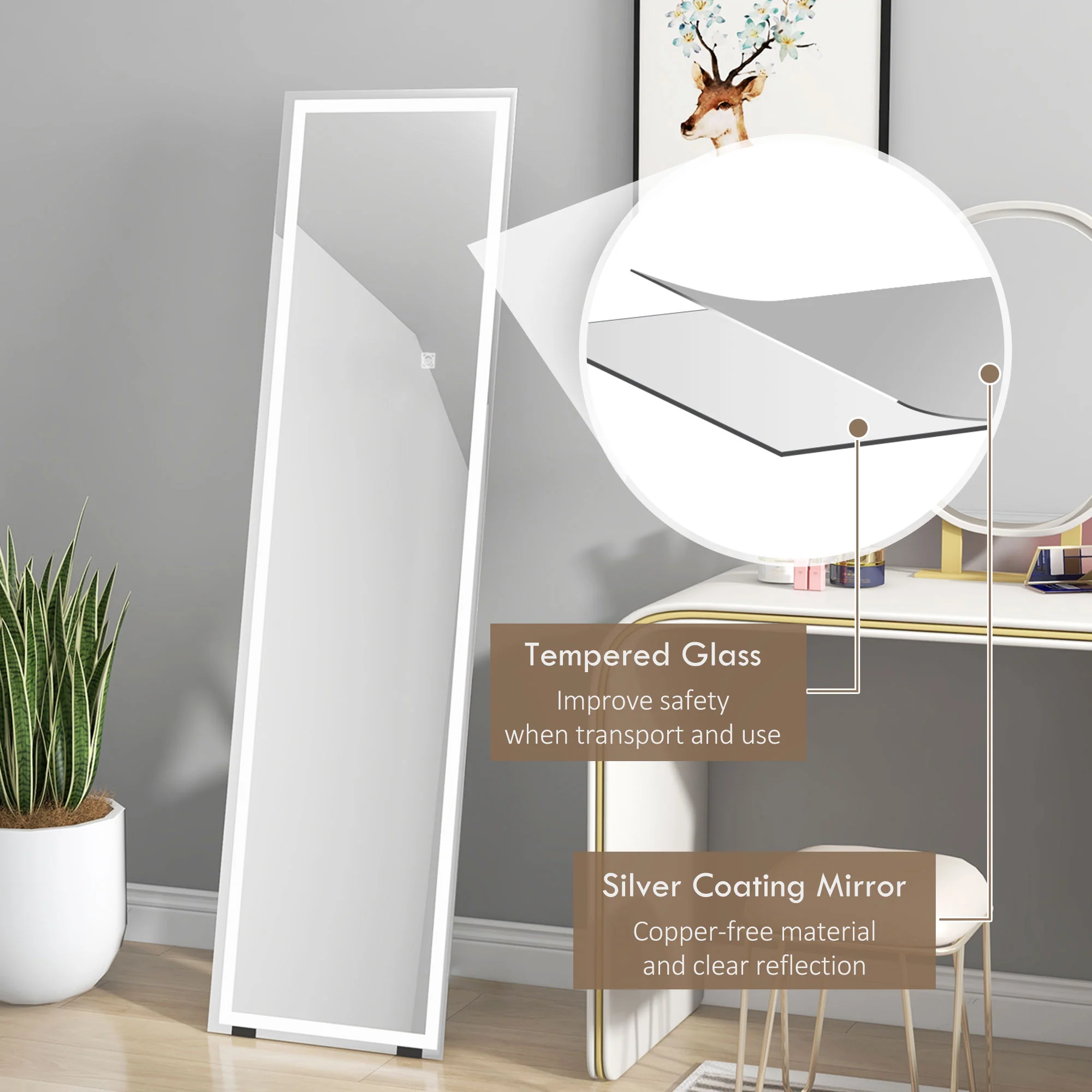 HOMCOM LED Lighted Full Length Mirror Dimmable Full Size Body Mirror for Bedroom - Image 8