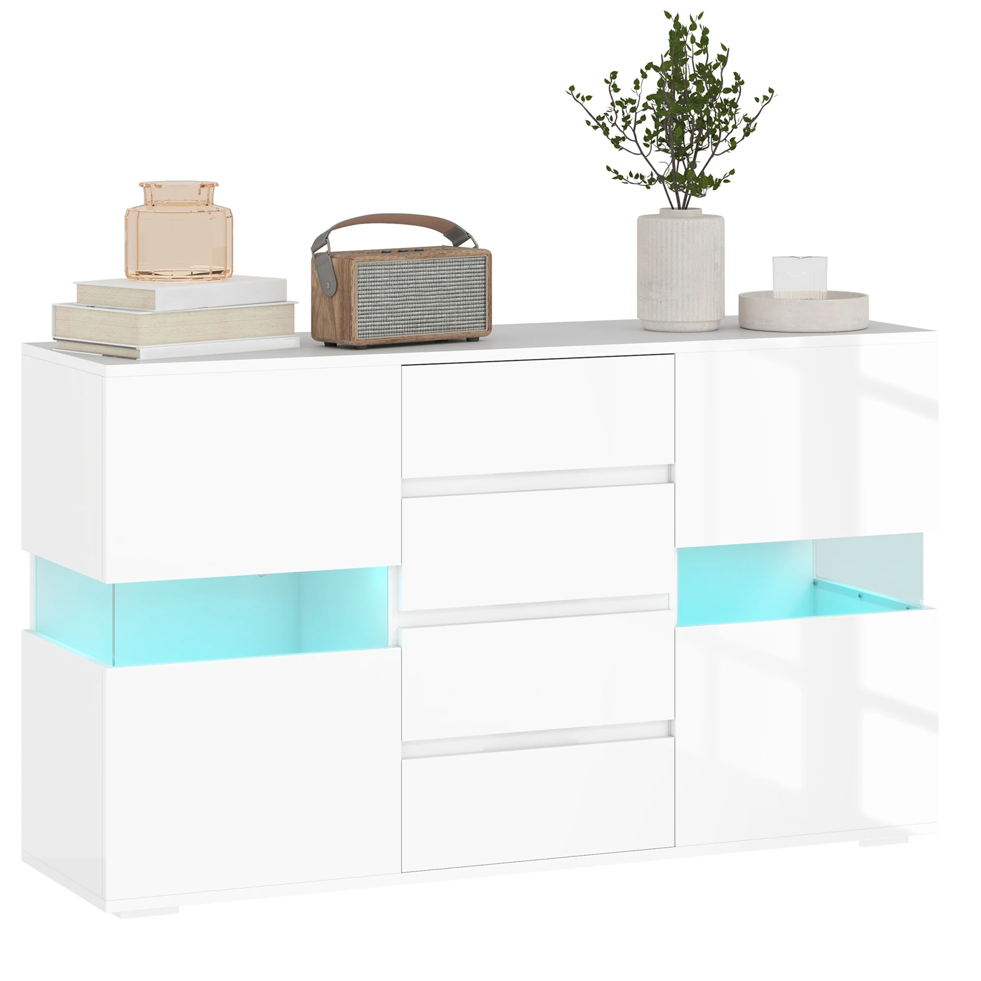 HOMCOM LED Sideboard, High Gloss Storage Cabinet with 4 Drawers, White