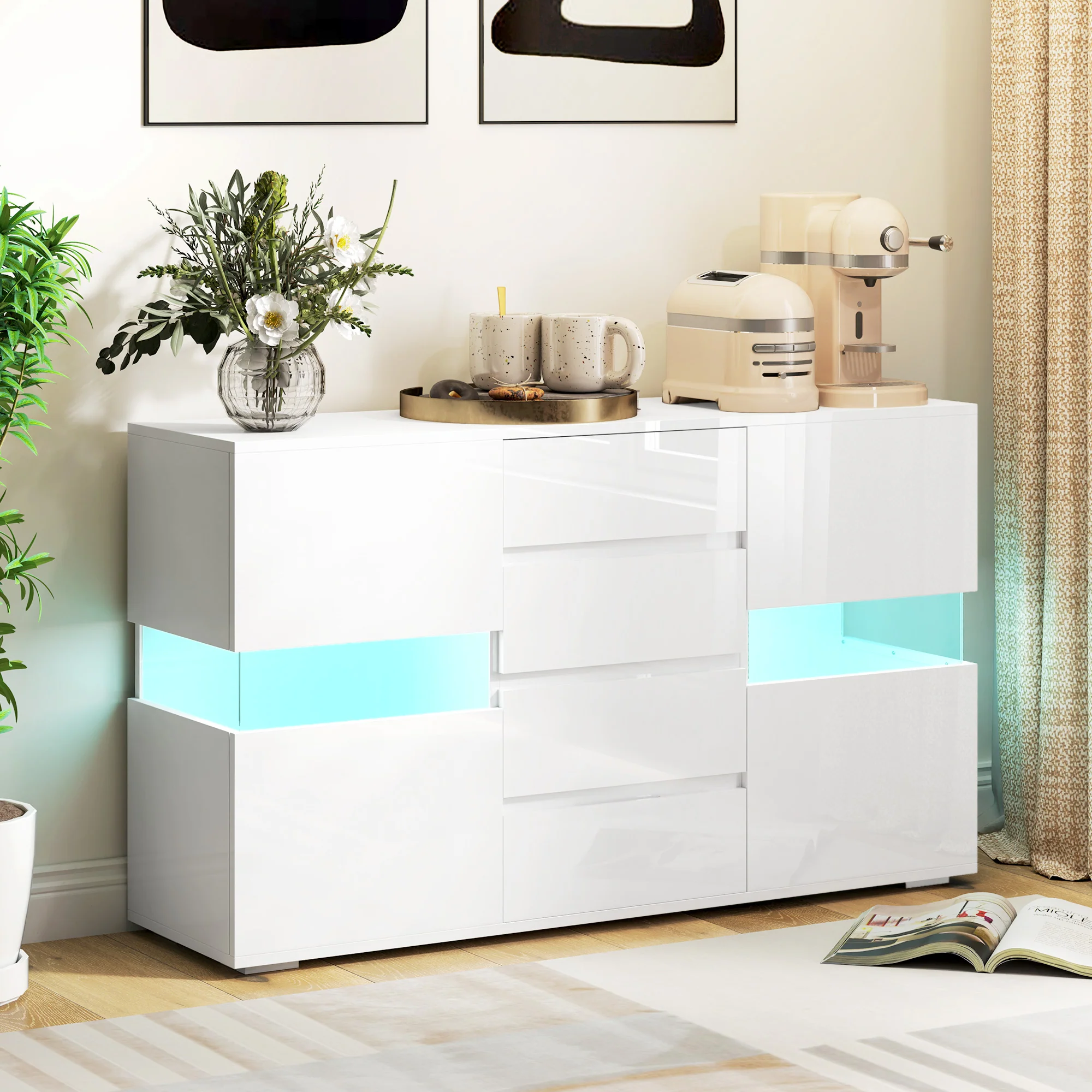 HOMCOM LED Sideboard, High Gloss Storage Cabinet with 4 Drawers, White - Image 2
