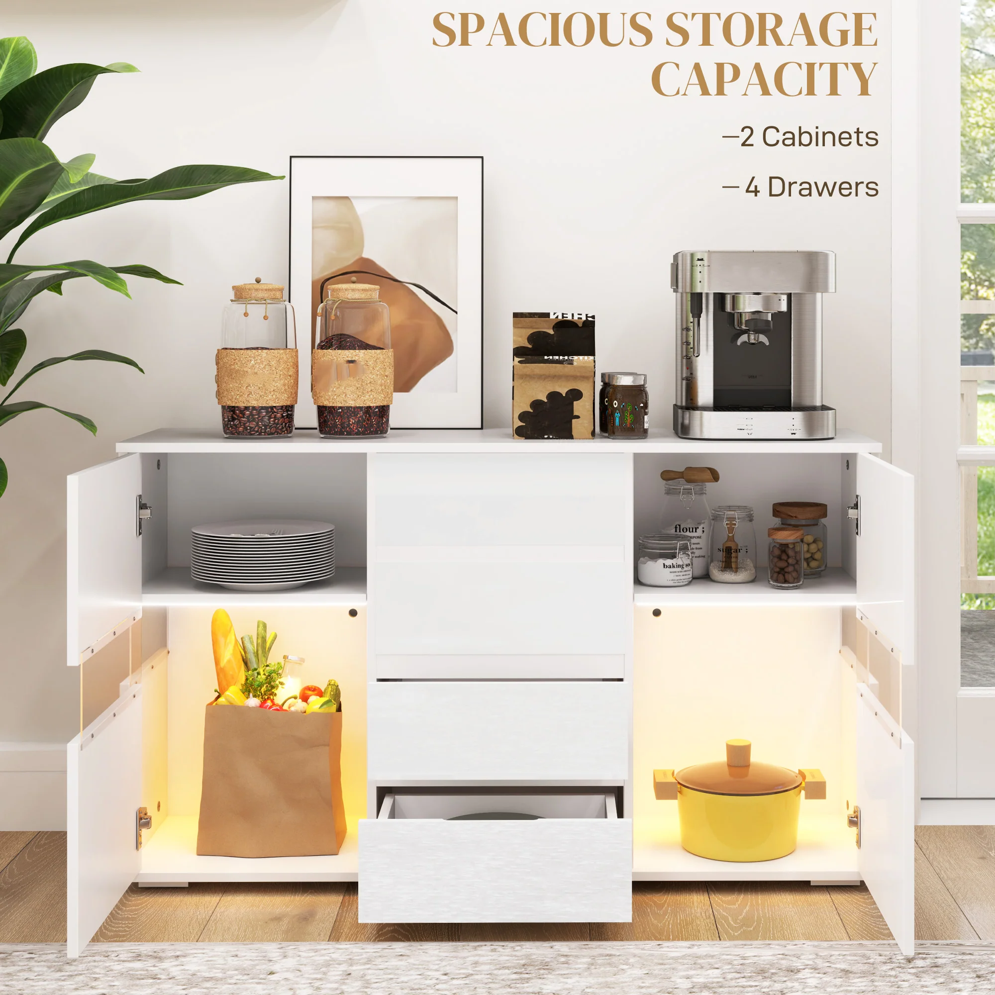 HOMCOM LED Sideboard, High Gloss Storage Cabinet with 4 Drawers, White - Image 3