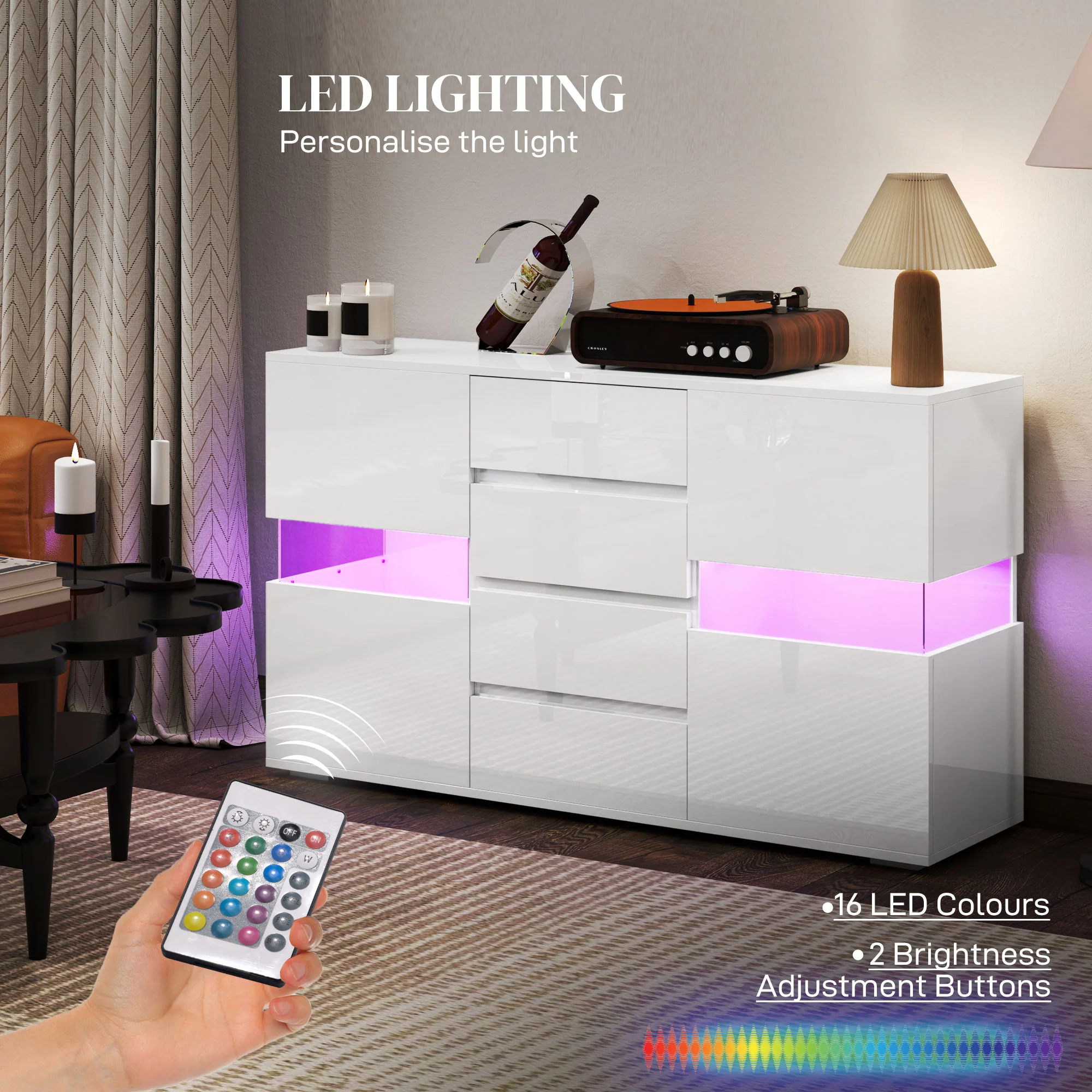 HOMCOM LED Sideboard, High Gloss Storage Cabinet with 4 Drawers, White - Image 4