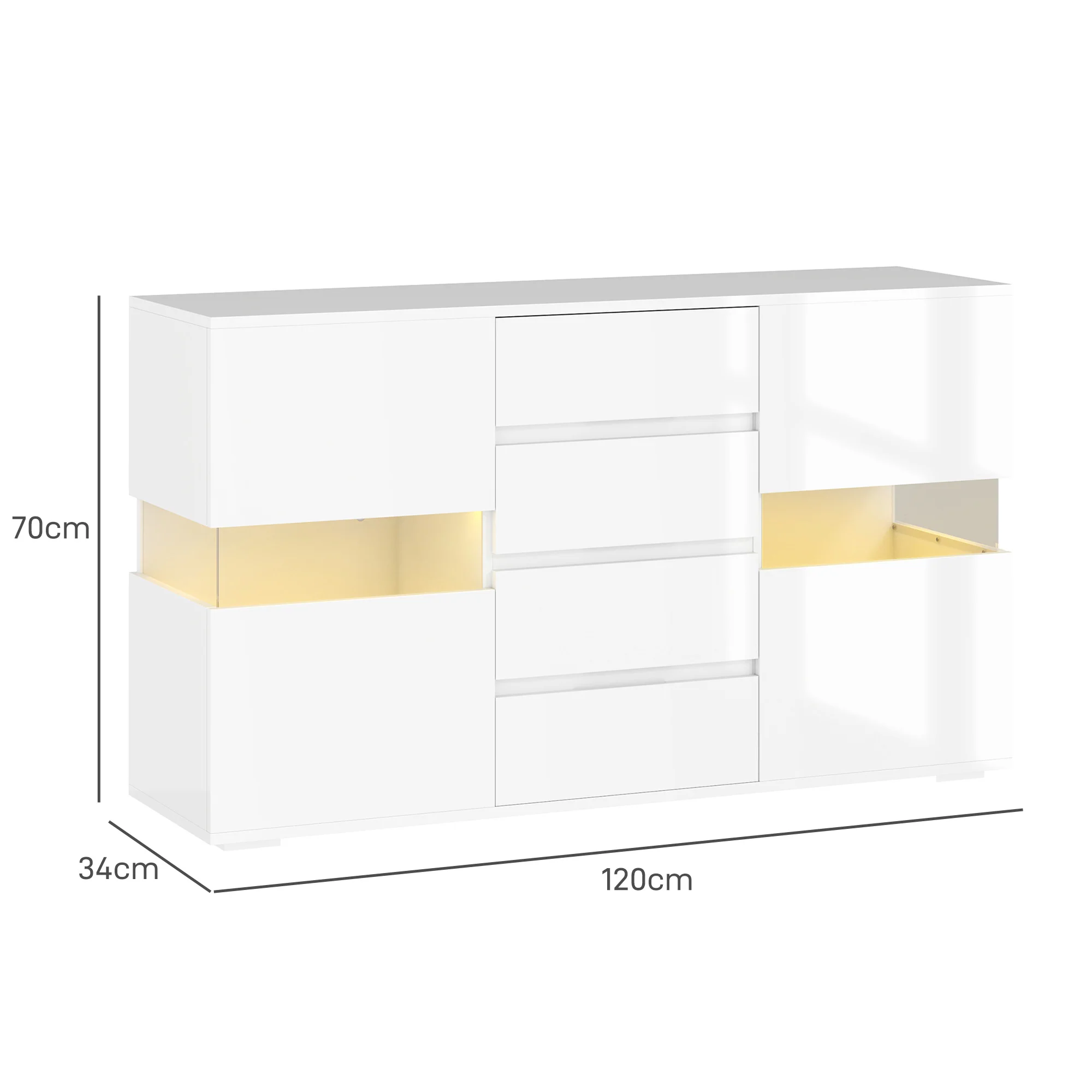HOMCOM LED Sideboard, High Gloss Storage Cabinet with 4 Drawers, White - Image 5