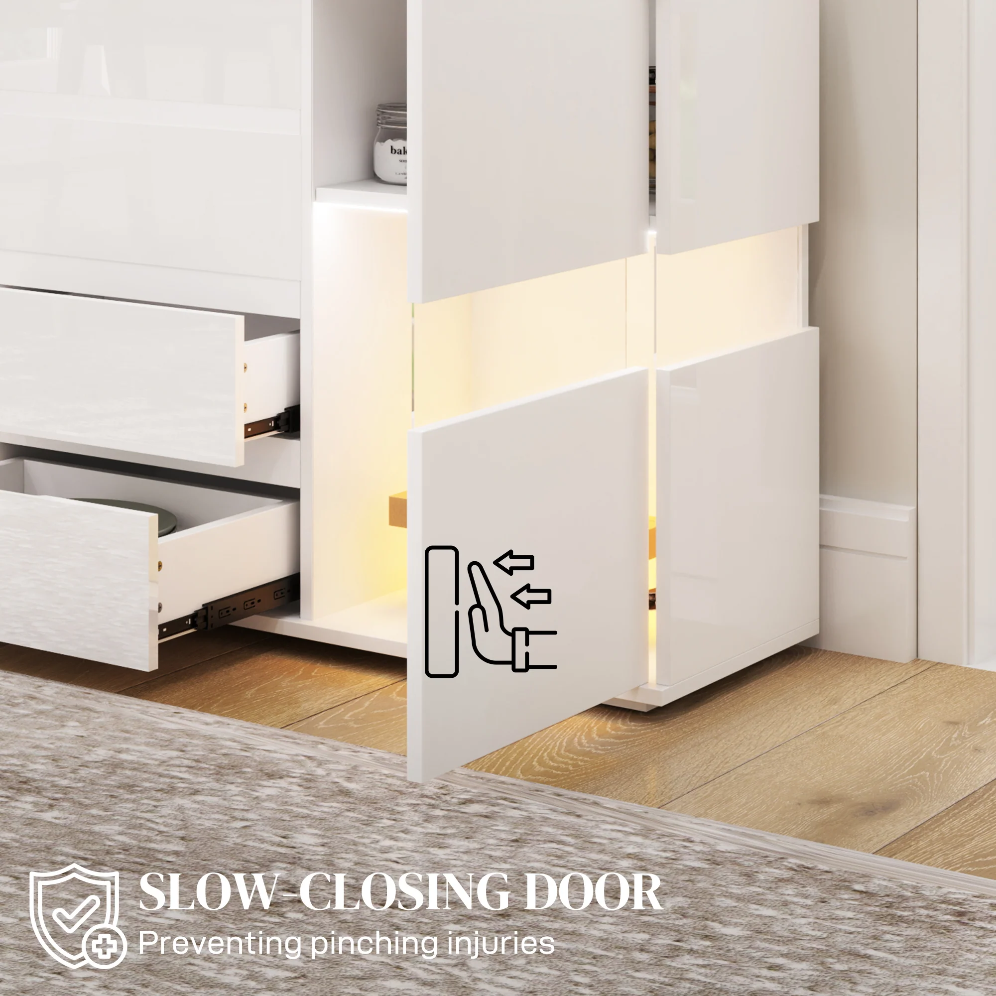 HOMCOM LED Sideboard, High Gloss Storage Cabinet with 4 Drawers, White - Image 6