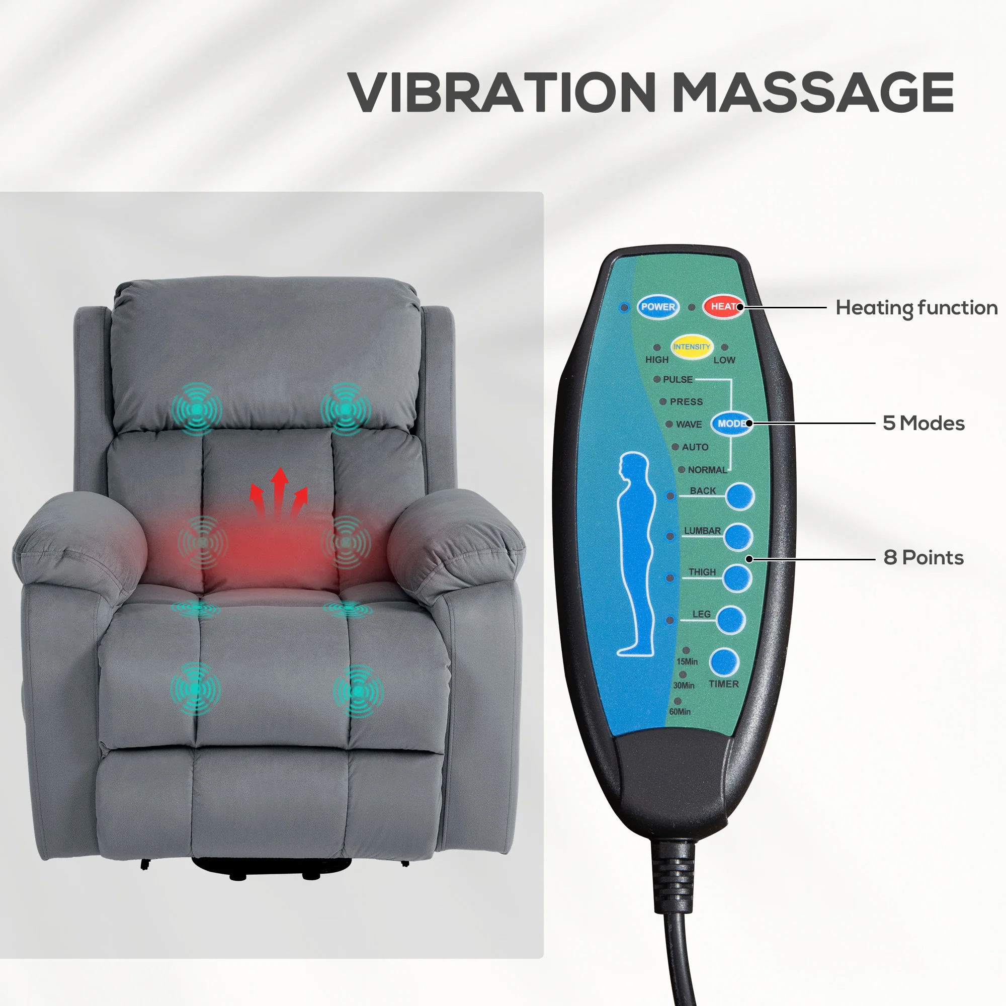 HOMCOM Lift Chair Riser And Recliner Chair With Vibration Massage, Heat, Grey - Image 14