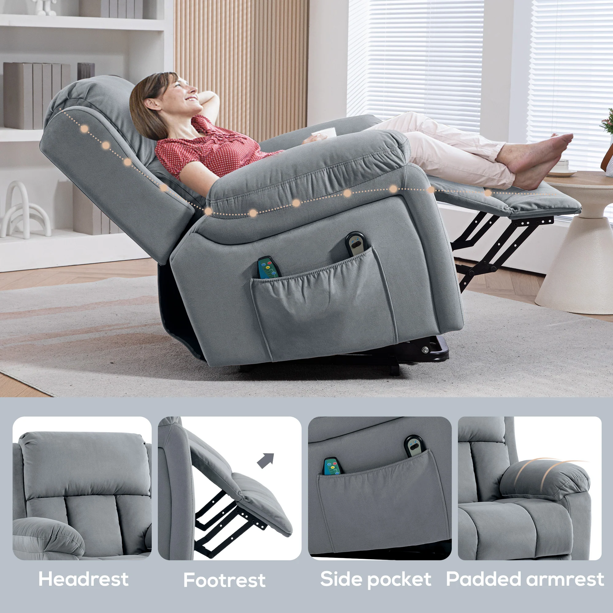 HOMCOM Lift Chair Riser And Recliner Chair With Vibration Massage, Heat, Grey - Image 19