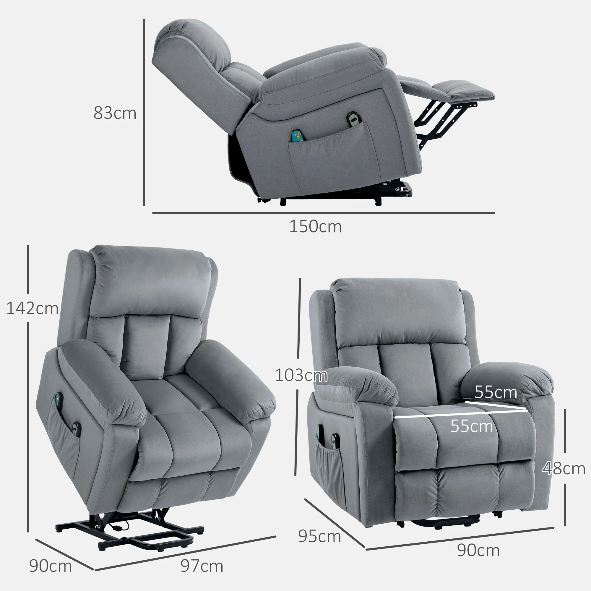 HOMCOM Lift Chair Riser And Recliner Chair With Vibration Massage, Heat, Grey - Image 6