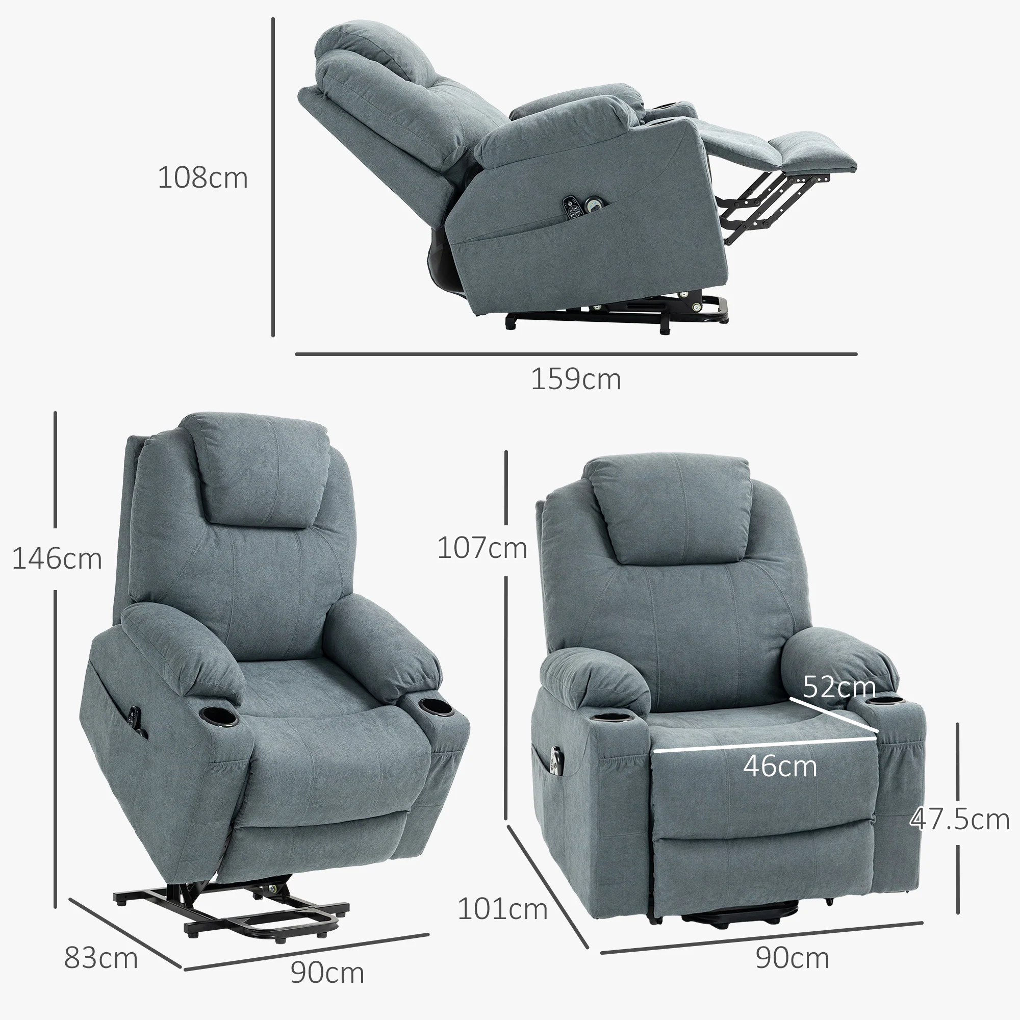 HOMCOM Lift Chair With Vibration Massage, Heat, Easy Assembly, Grey - Image 5