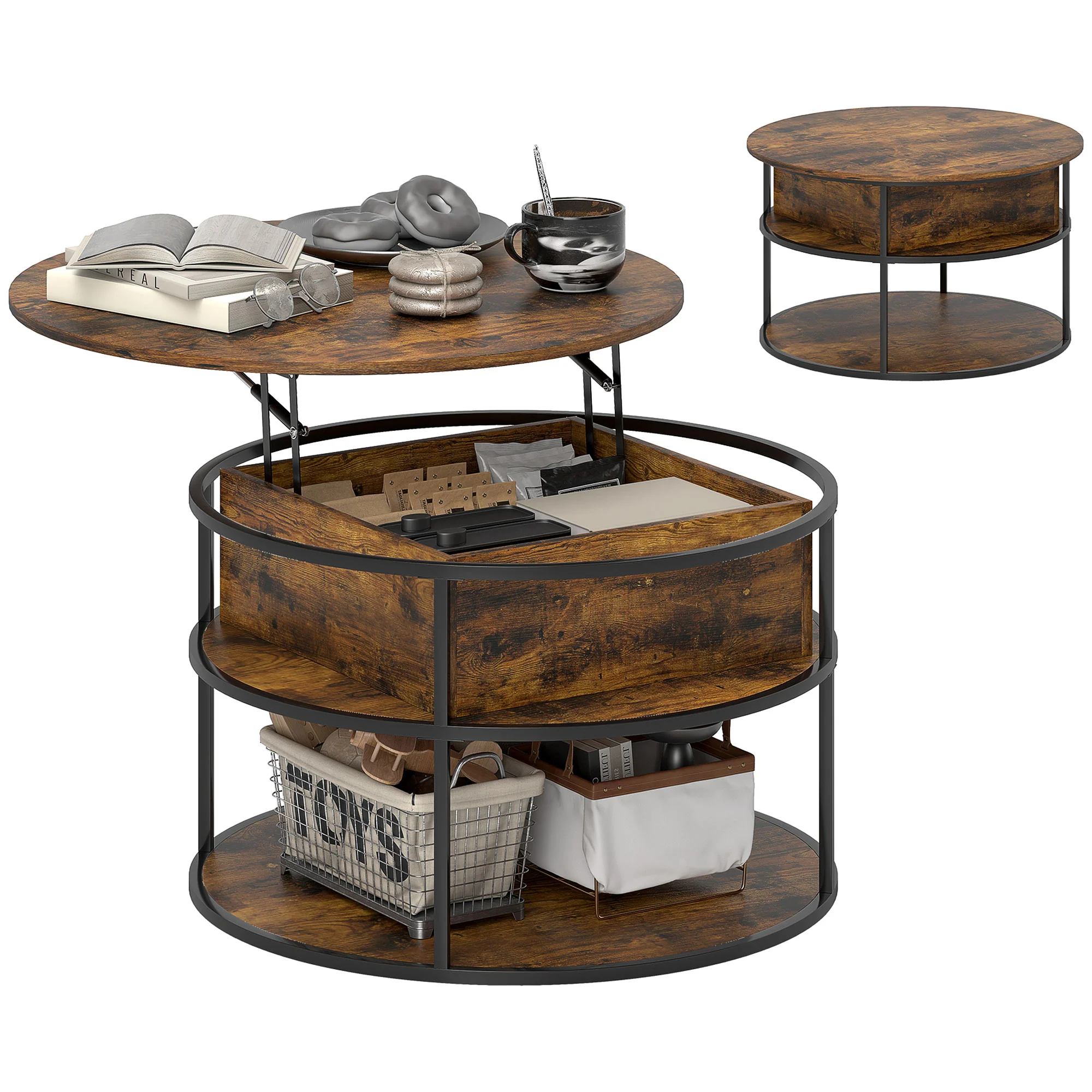 HOMCOM Lift Top Coffee Table, Round Coffee Table With Hidden Storage