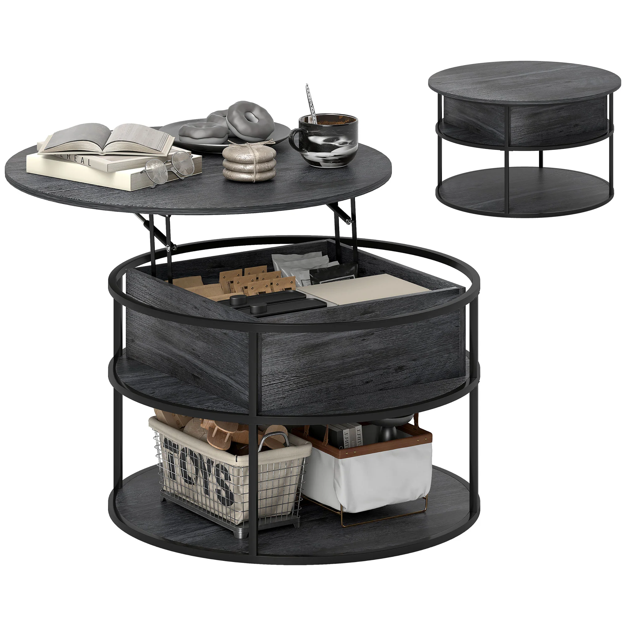 HOMCOM Lift Top Coffee Table, Round Coffee Table With Hidden Storage - Image 10