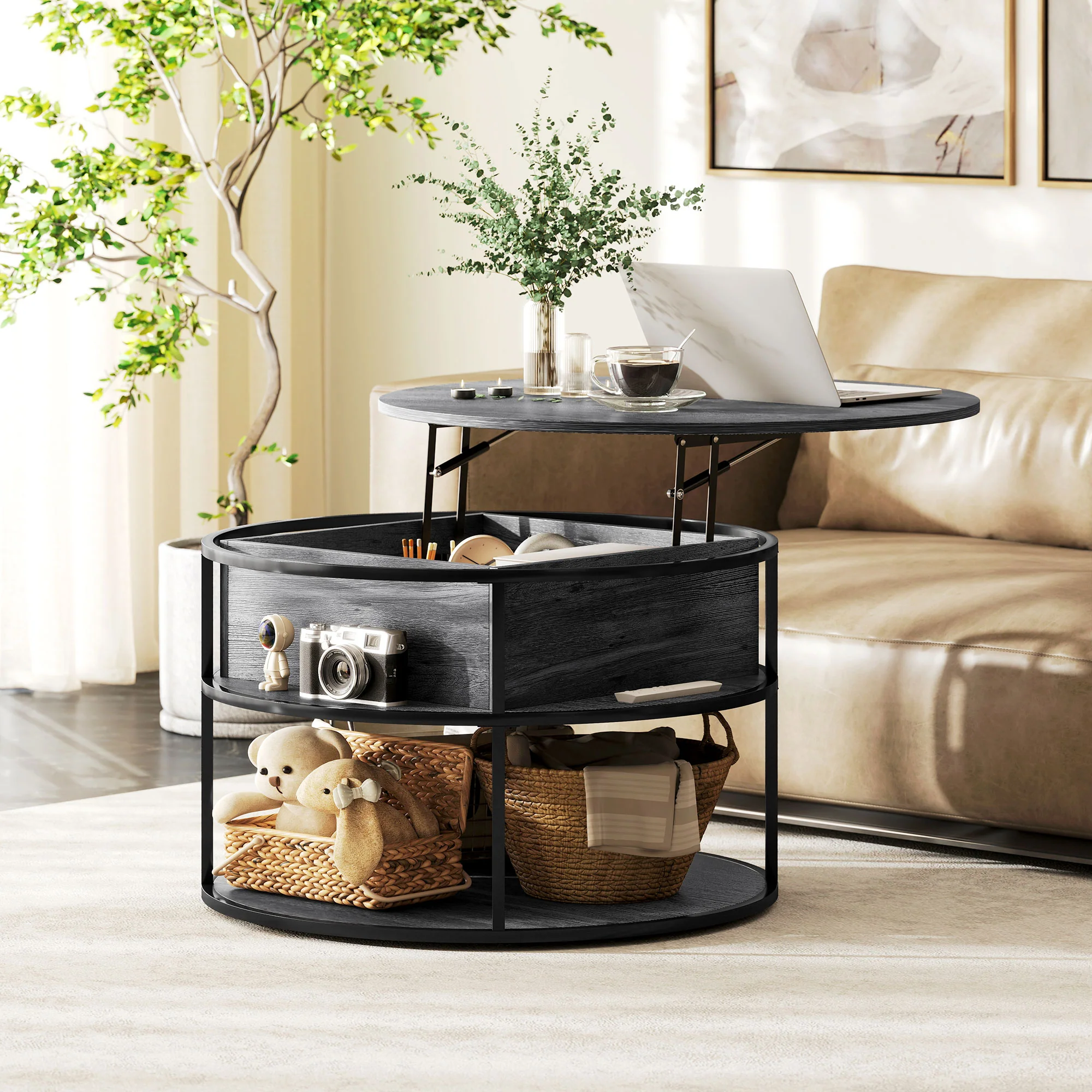 HOMCOM Lift Top Coffee Table, Round Coffee Table With Hidden Storage - Image 11