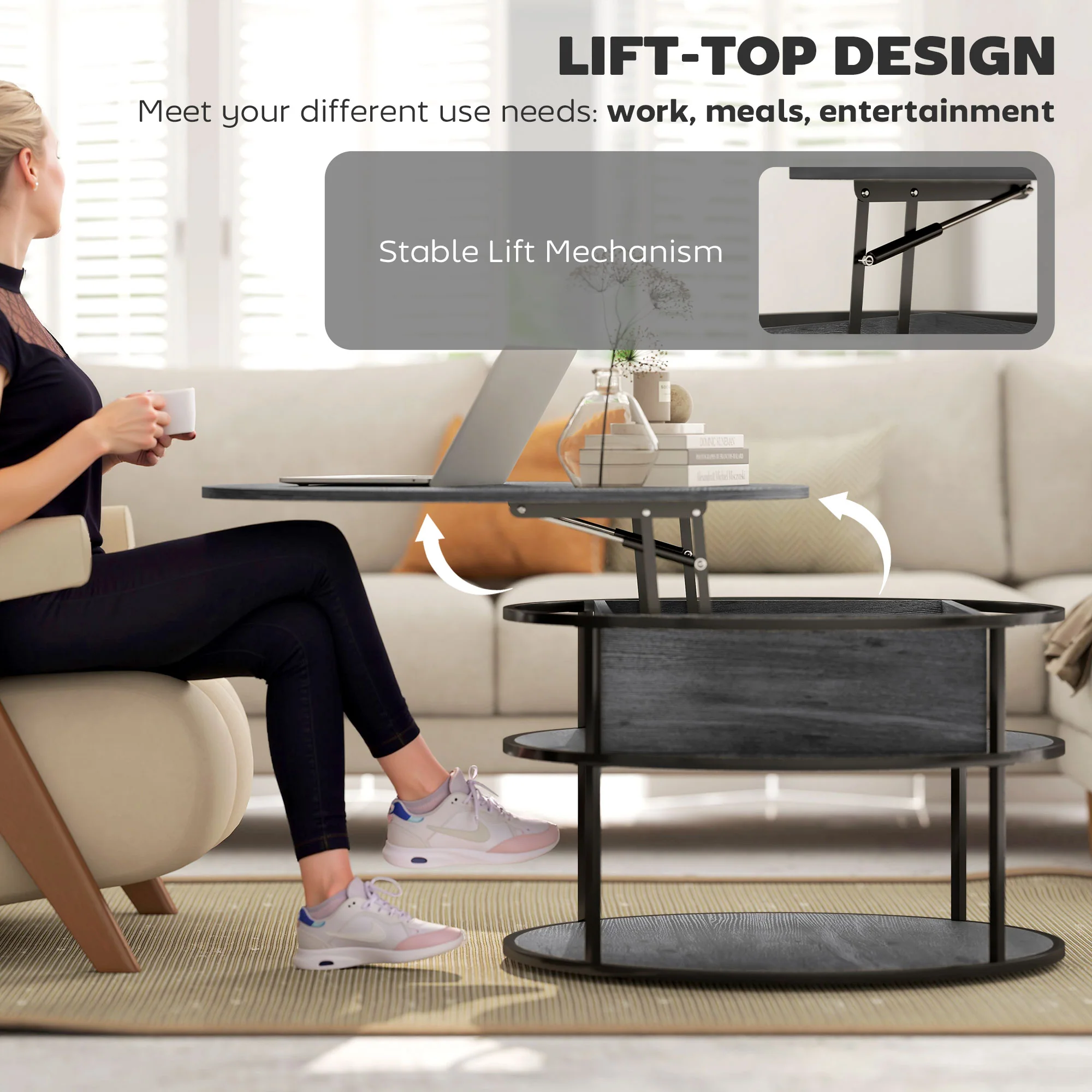 HOMCOM Lift Top Coffee Table, Round Coffee Table With Hidden Storage - Image 12