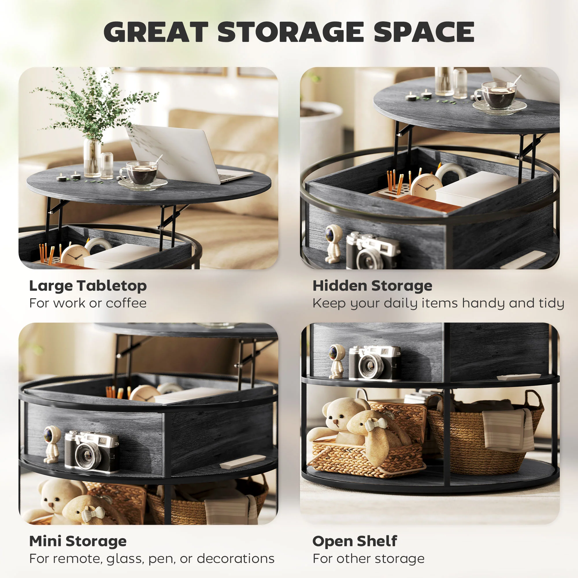 HOMCOM Lift Top Coffee Table, Round Coffee Table With Hidden Storage - Image 13