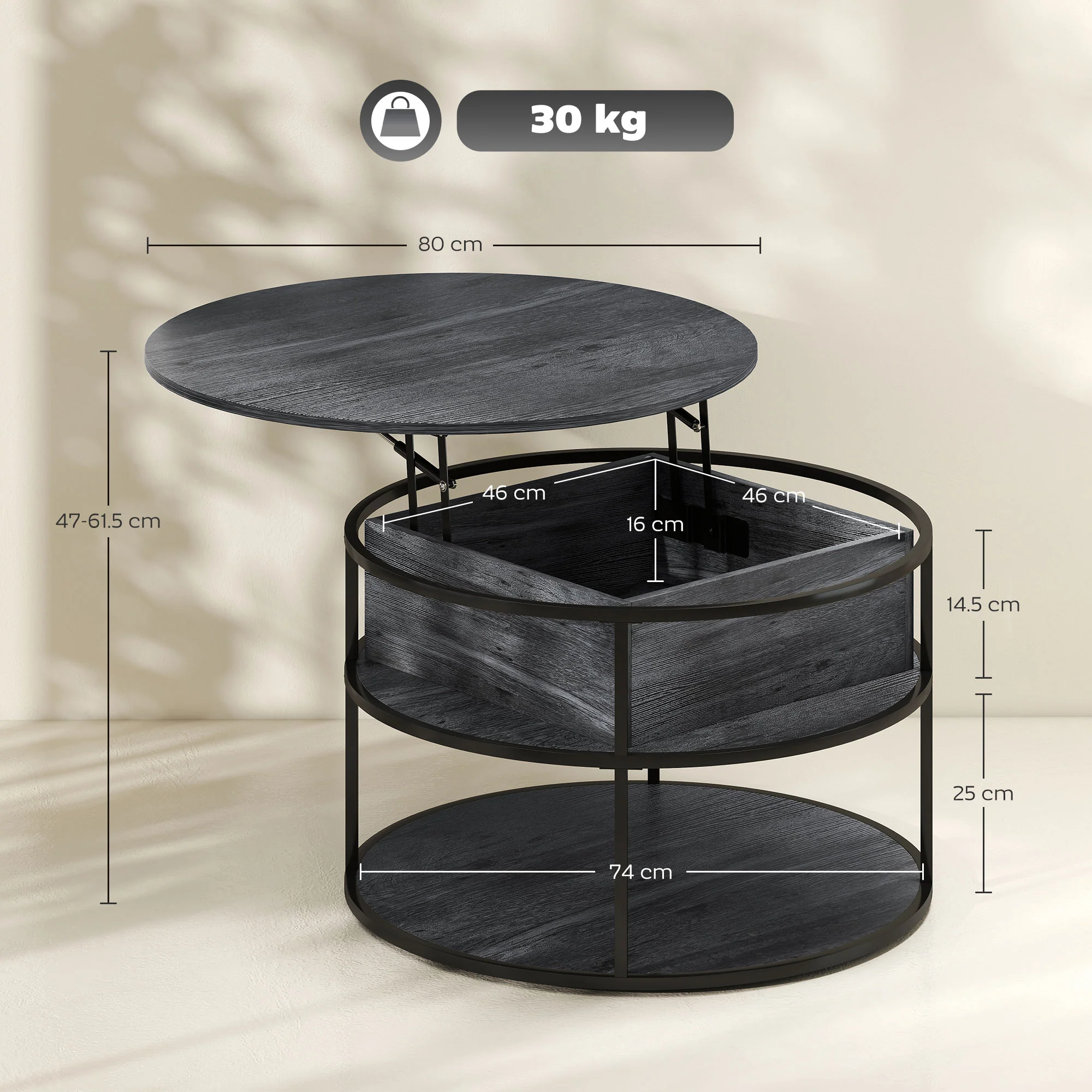 HOMCOM Lift Top Coffee Table, Round Coffee Table With Hidden Storage - Image 14