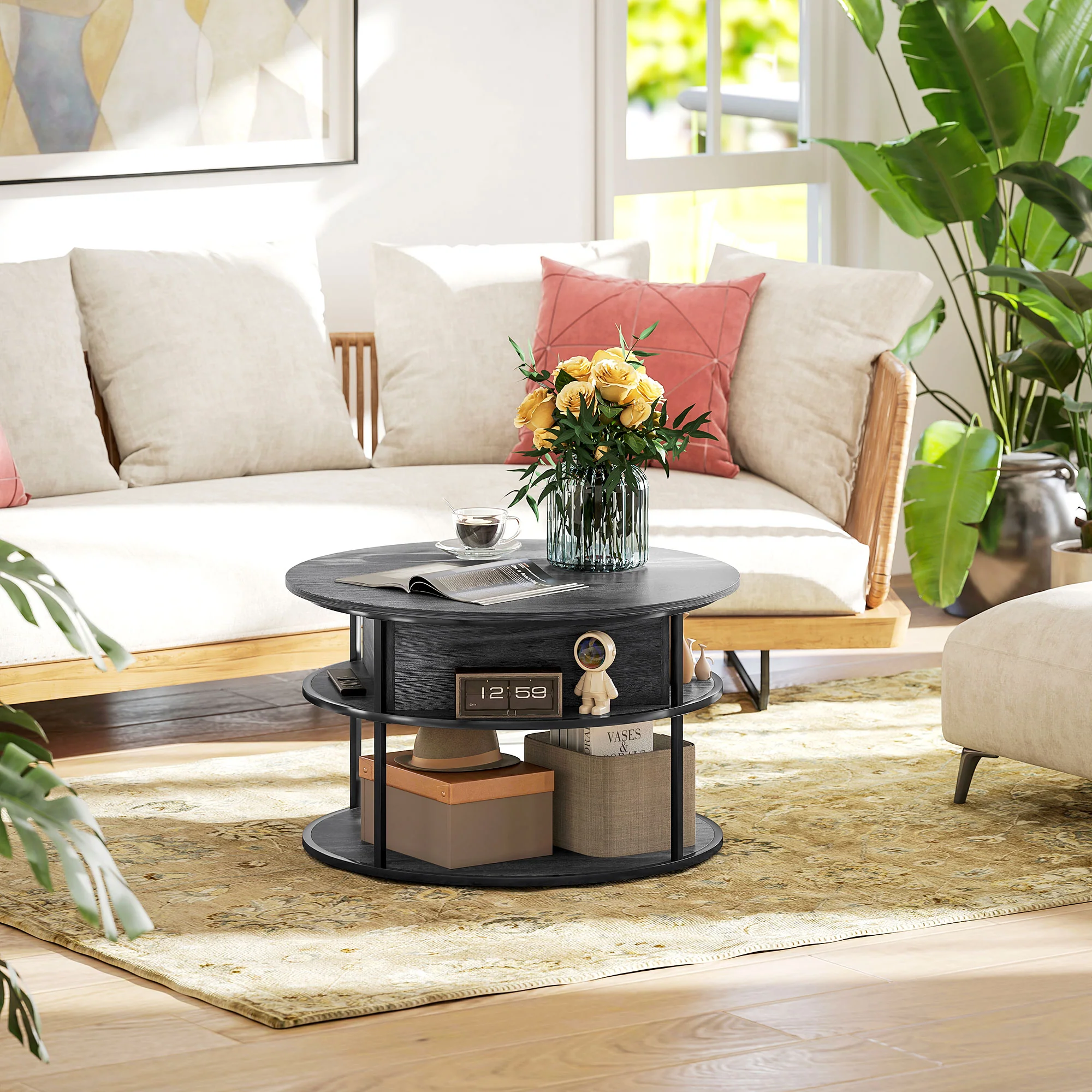 HOMCOM Lift Top Coffee Table, Round Coffee Table With Hidden Storage - Image 17