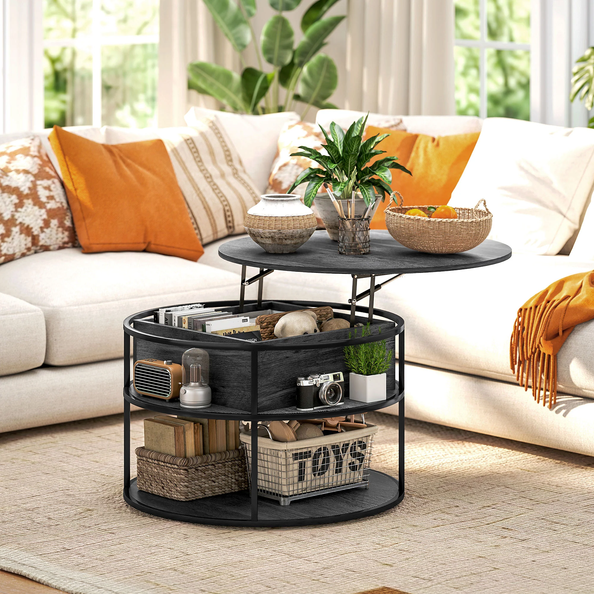 HOMCOM Lift Top Coffee Table, Round Coffee Table With Hidden Storage - Image 18