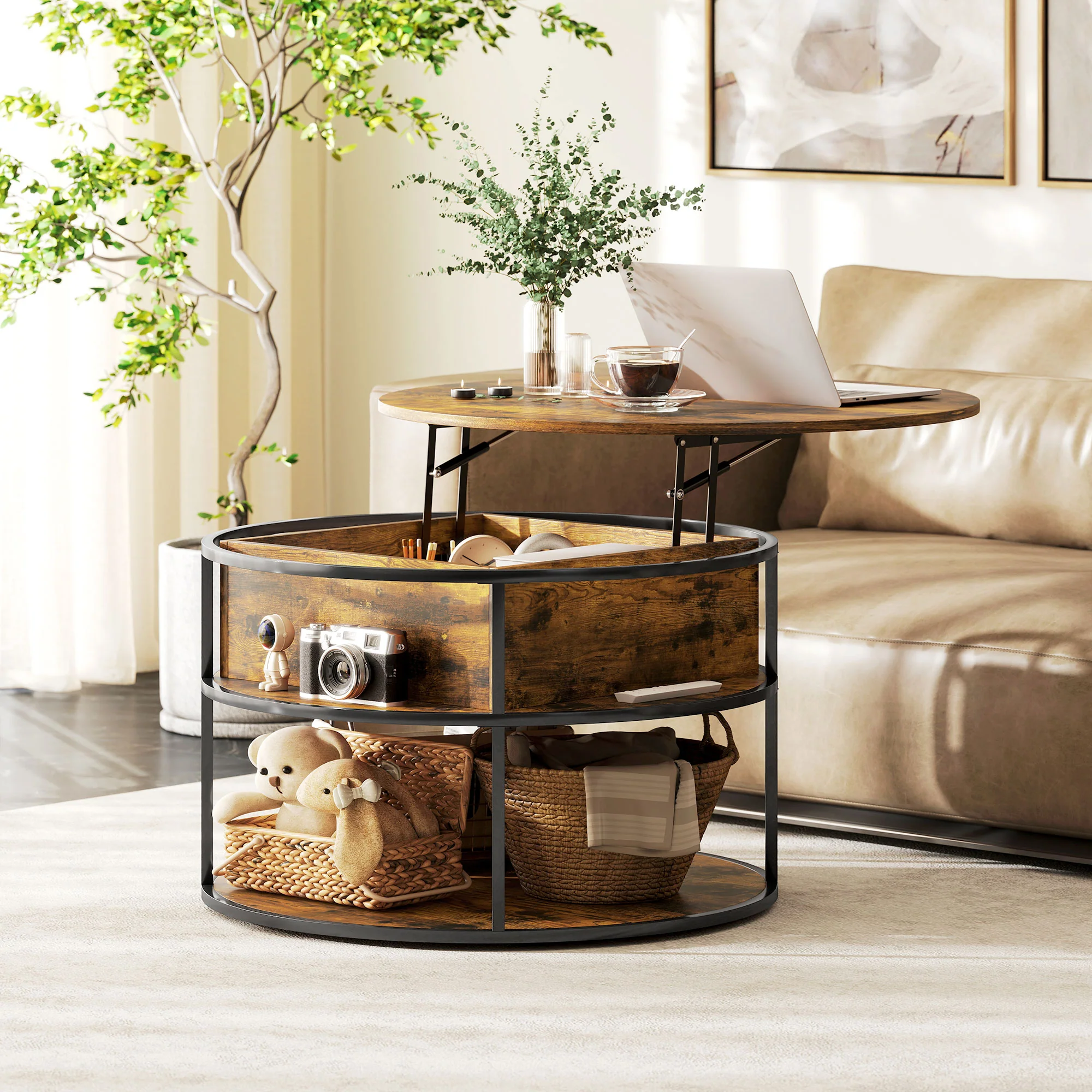 HOMCOM Lift Top Coffee Table, Round Coffee Table With Hidden Storage - Image 2