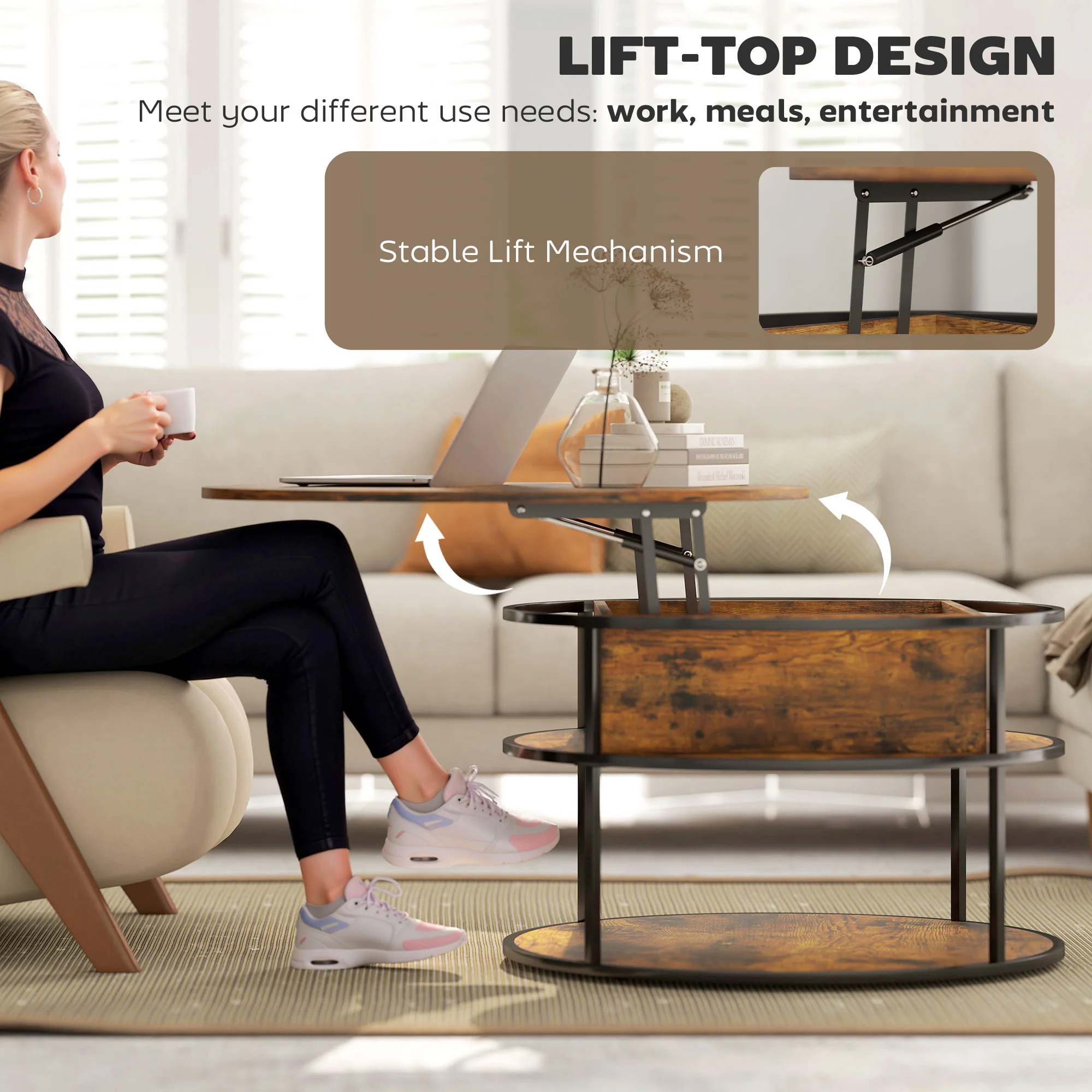 HOMCOM Lift Top Coffee Table, Round Coffee Table With Hidden Storage - Image 3