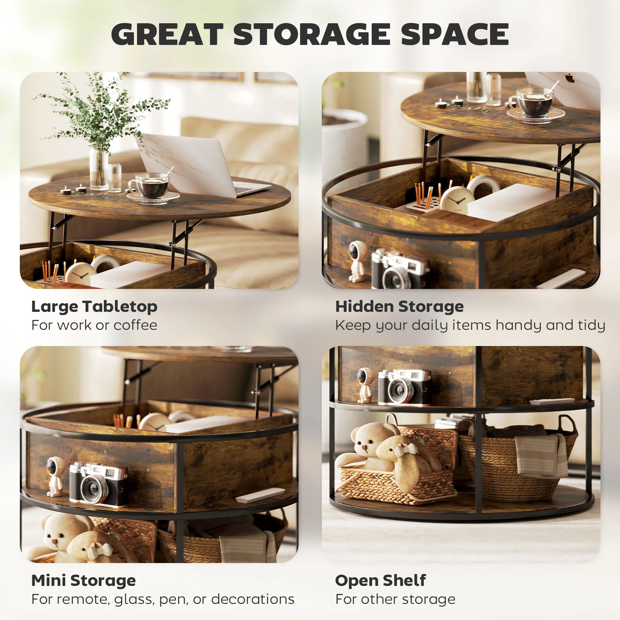 HOMCOM Lift Top Coffee Table, Round Coffee Table With Hidden Storage - Image 4
