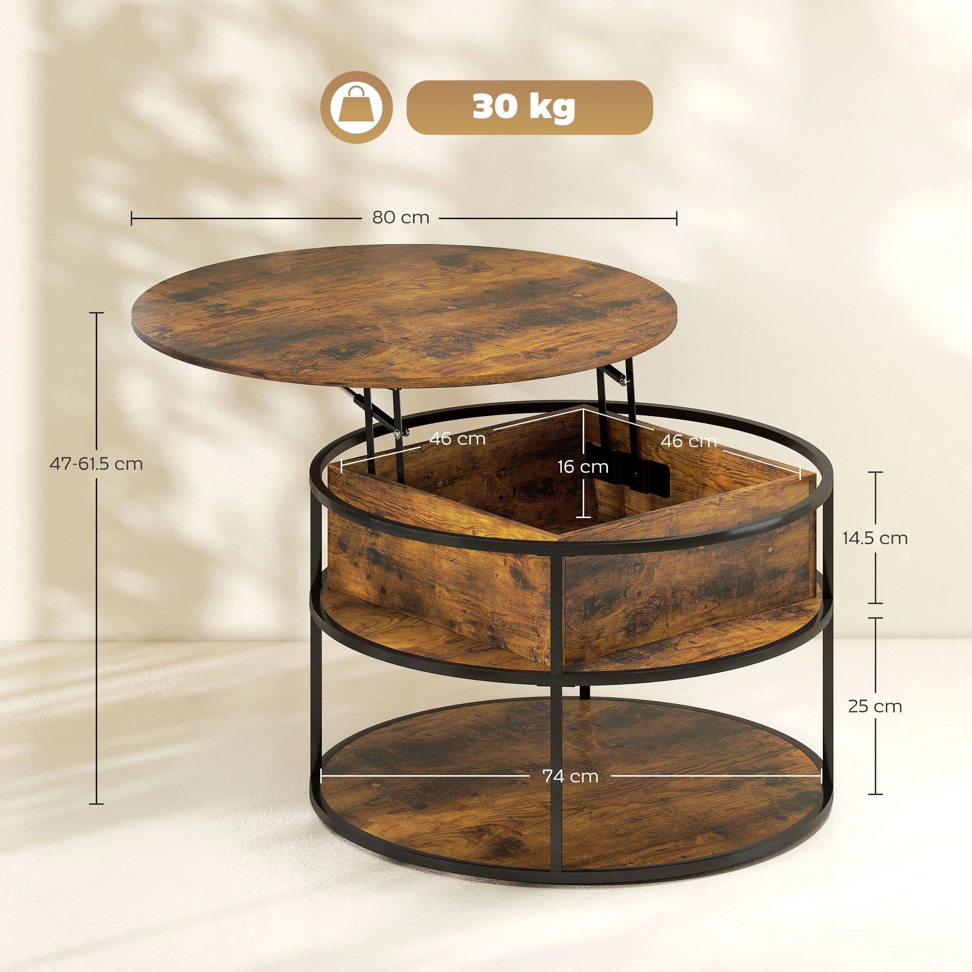 HOMCOM Lift Top Coffee Table, Round Coffee Table With Hidden Storage - Image 5