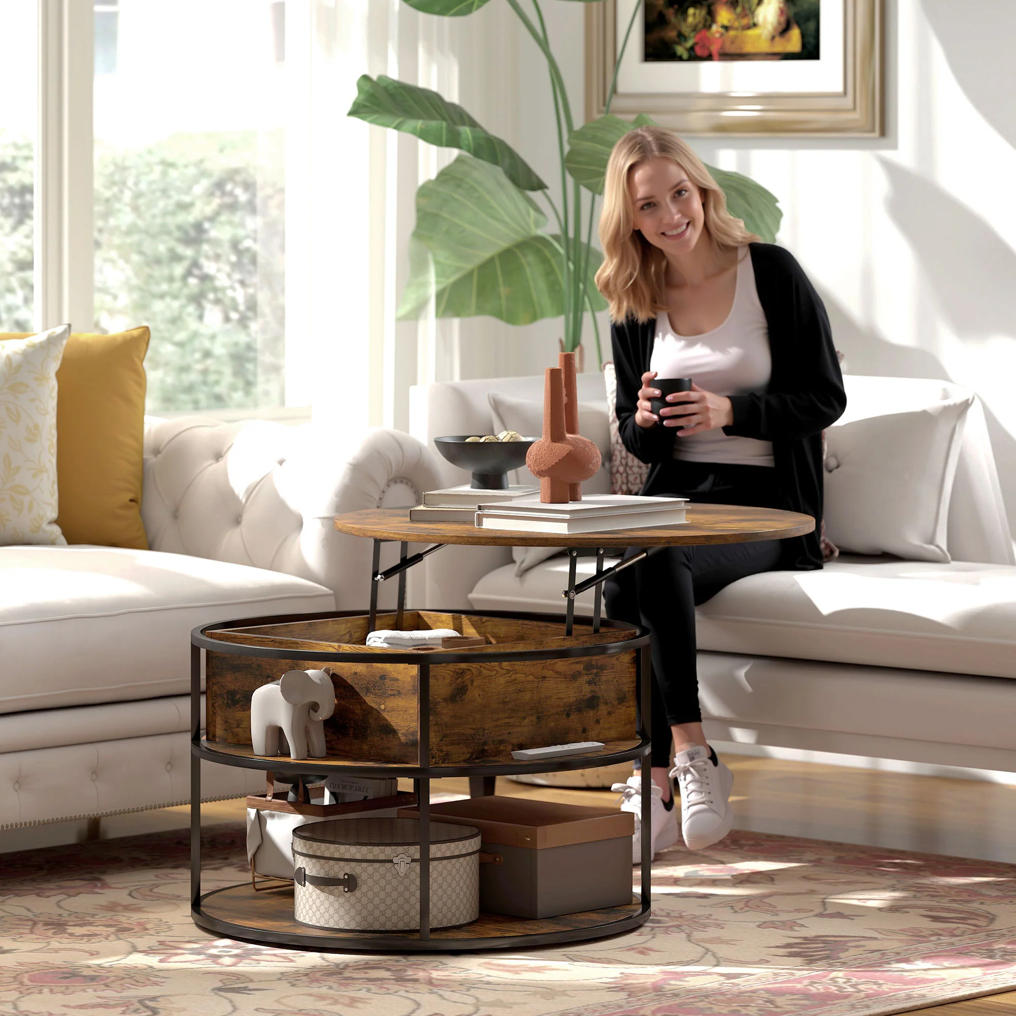 HOMCOM Lift Top Coffee Table, Round Coffee Table With Hidden Storage - Image 7