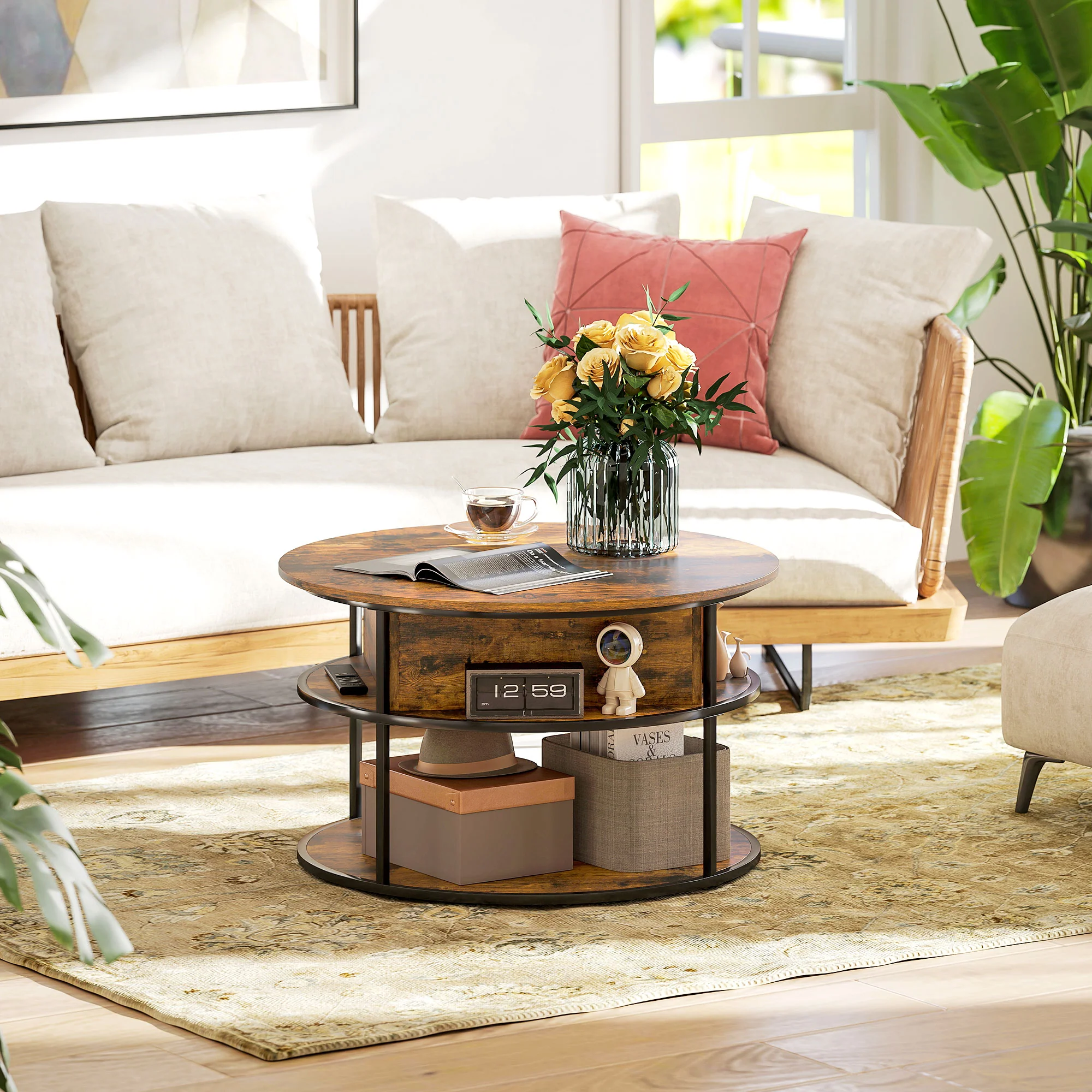 HOMCOM Lift Top Coffee Table, Round Coffee Table With Hidden Storage - Image 8