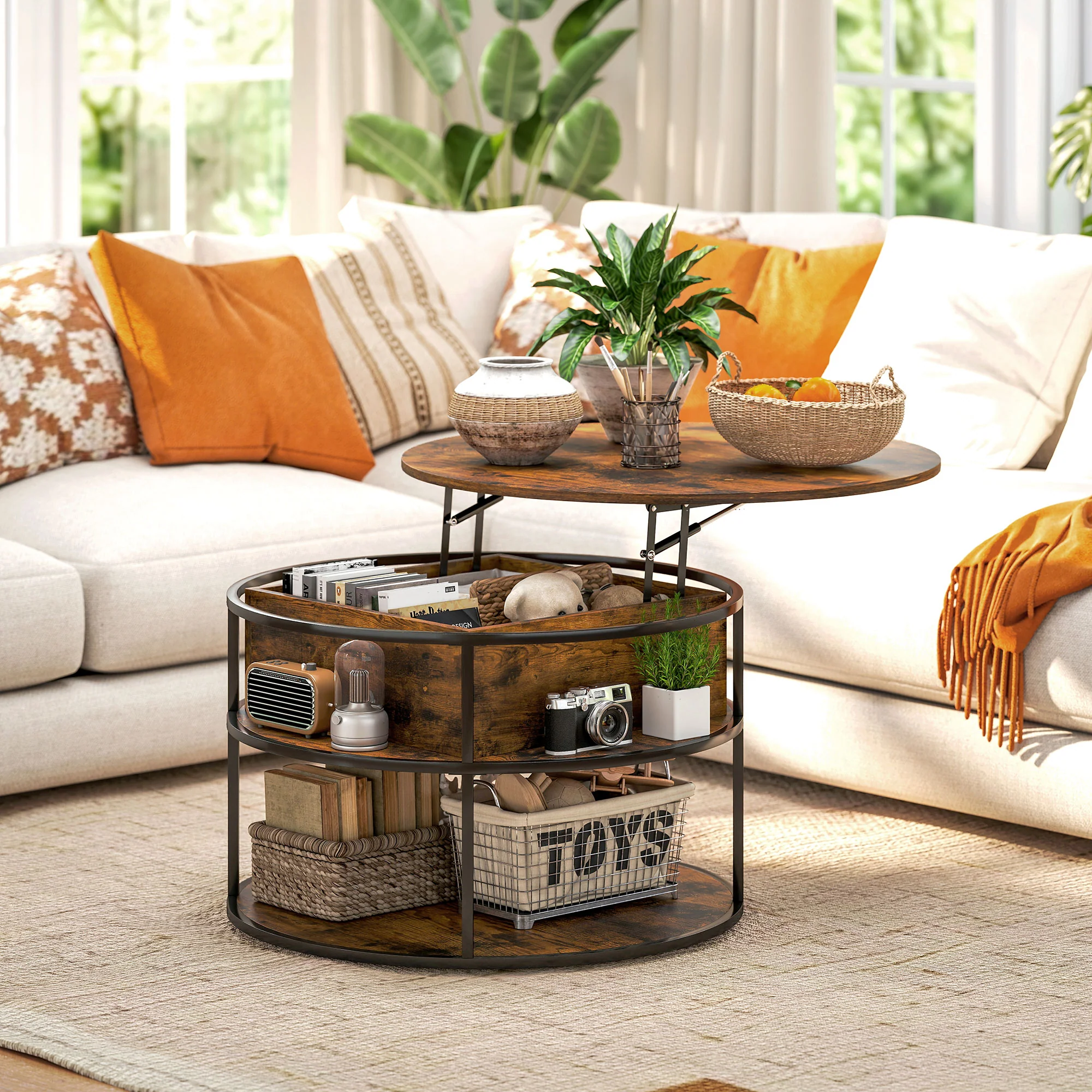HOMCOM Lift Top Coffee Table, Round Coffee Table With Hidden Storage - Image 9