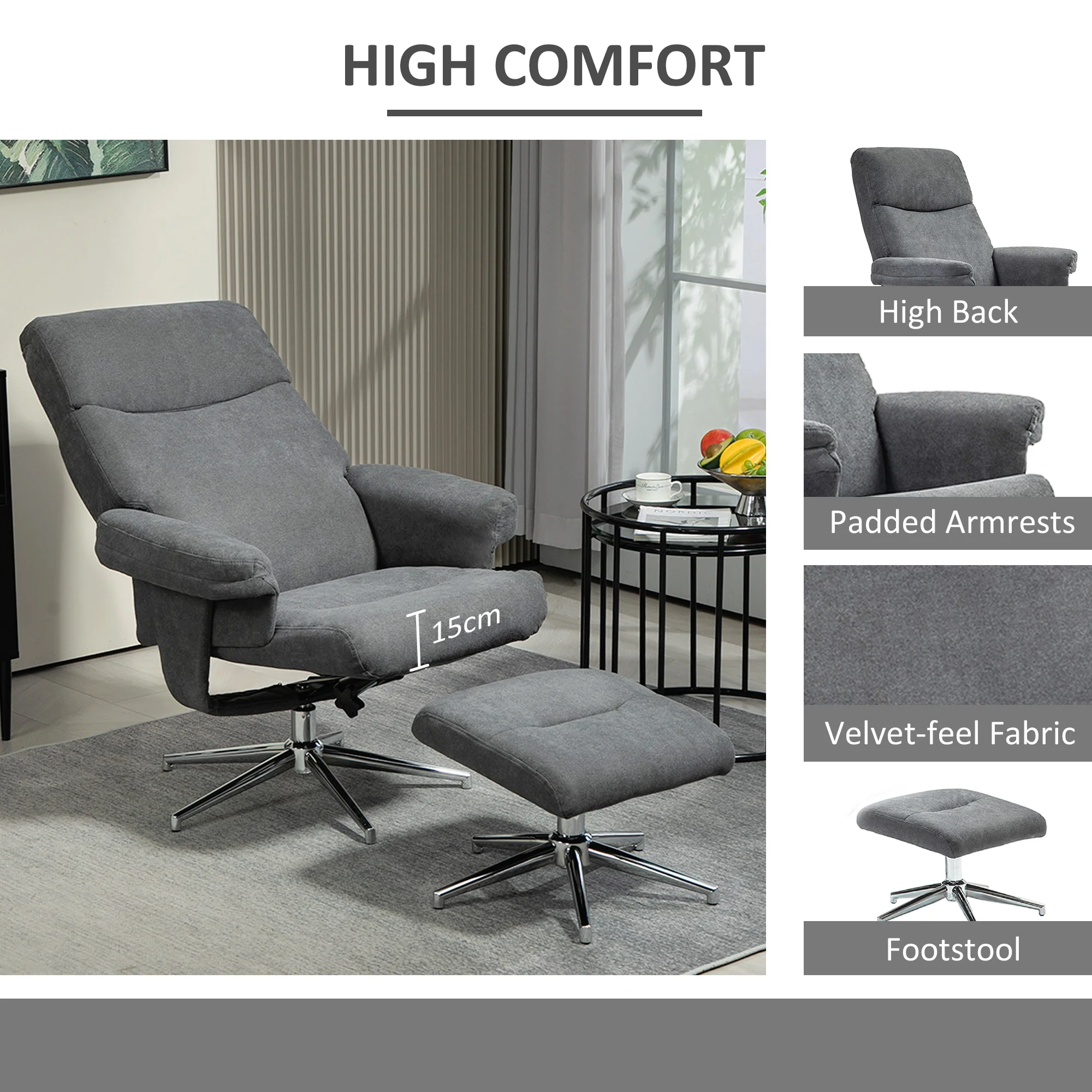 HOMCOM Recliner Chair With Footstool With Adjustable Back - Brown/Charcoal Grey - Image 13