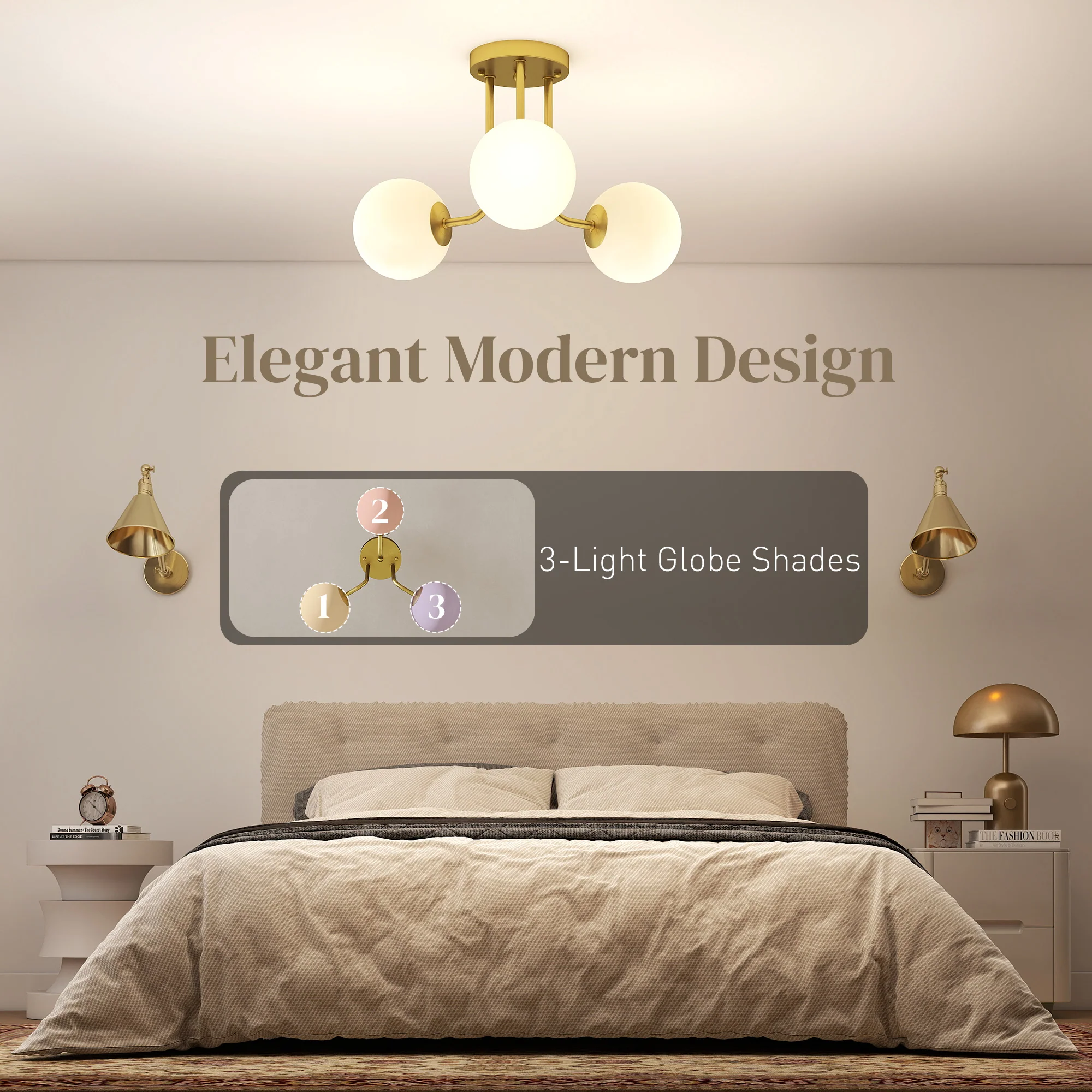 HOMCOM Light Fixture With 3-Light Globe Shades, Modern Ceiling Light, Gold - Image 3