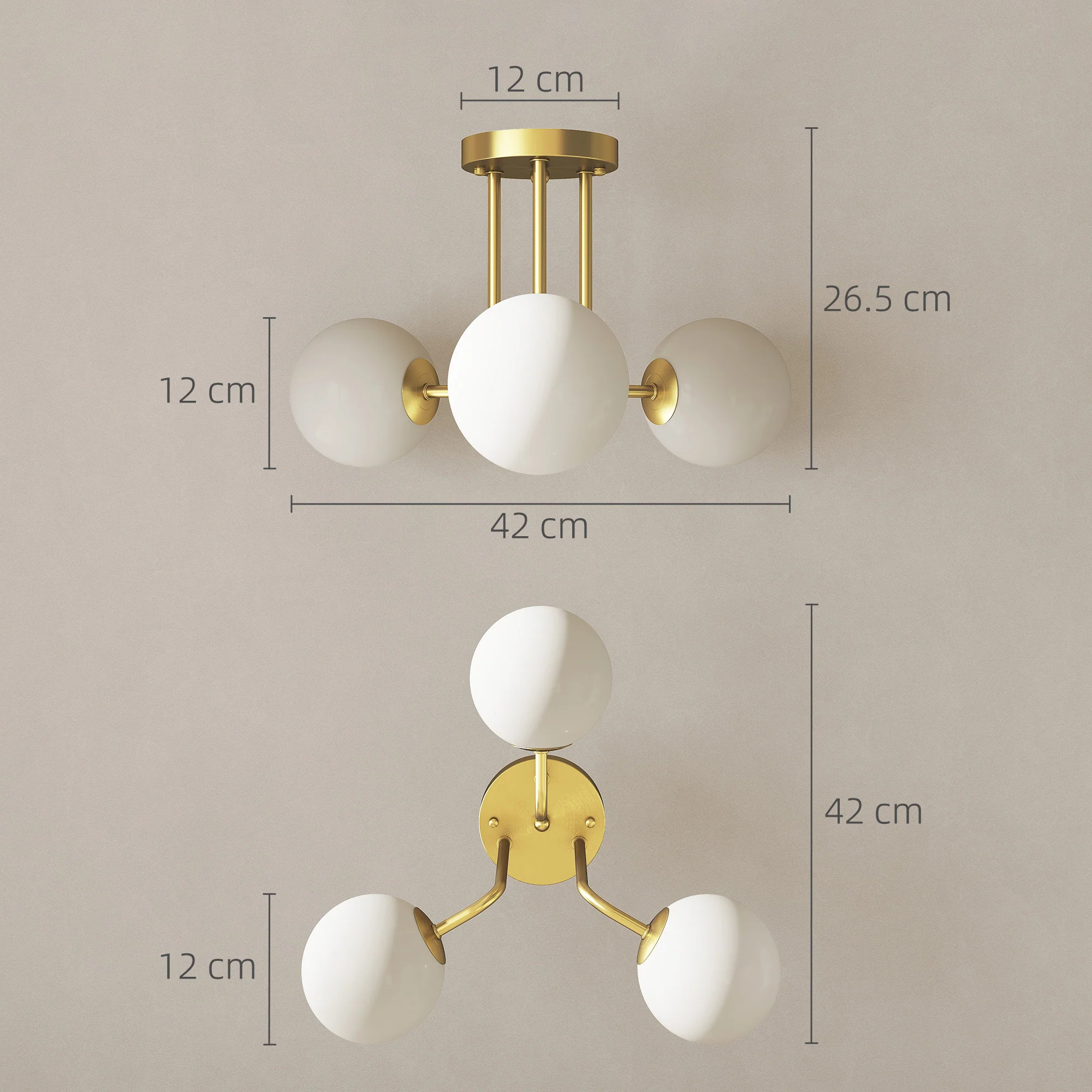 HOMCOM Light Fixture With 3-Light Globe Shades, Modern Ceiling Light, Gold - Image 5
