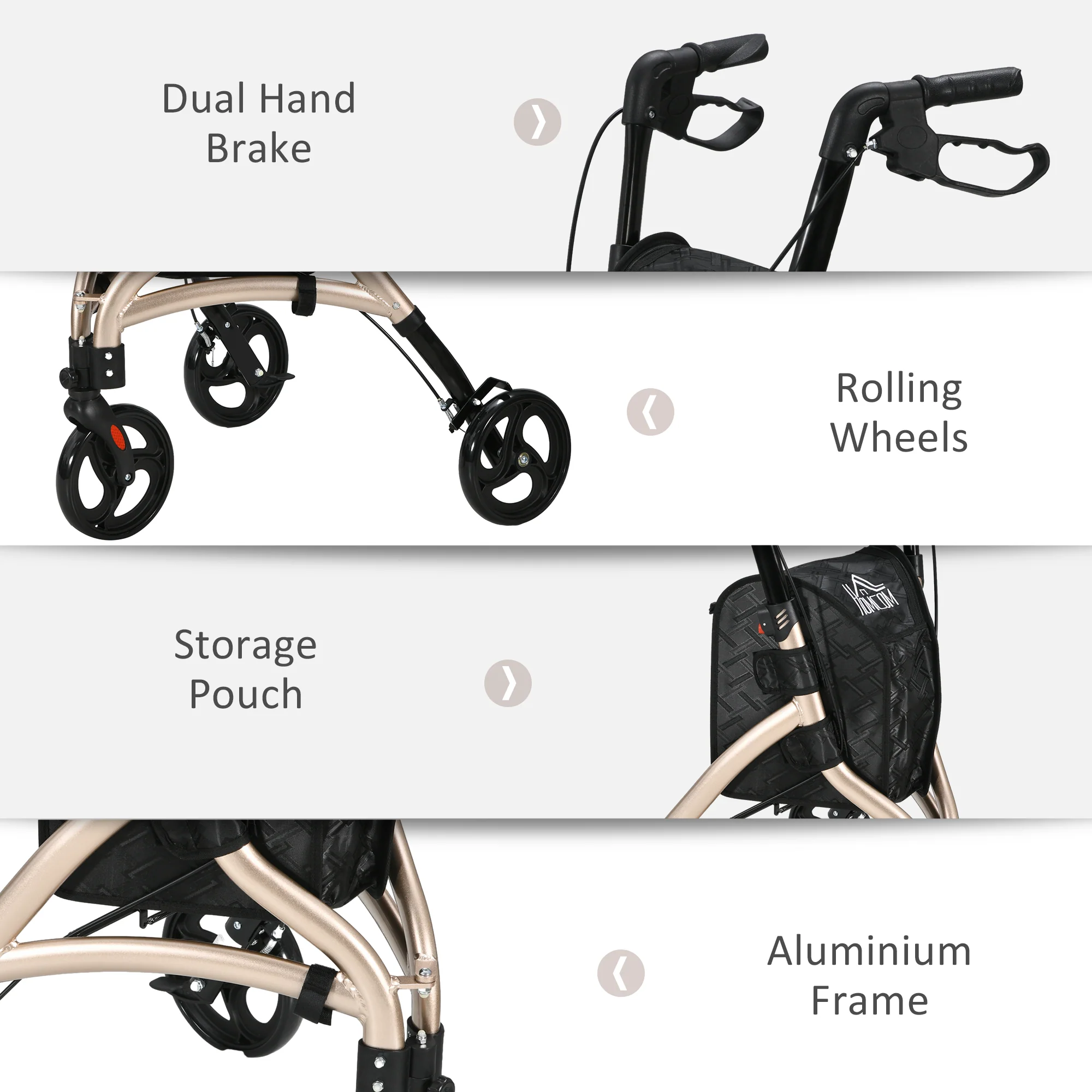 HOMCOM Lightweight Aluminium 3-Wheel Rollator With Adjustable Handle Storage Bag - Image 4