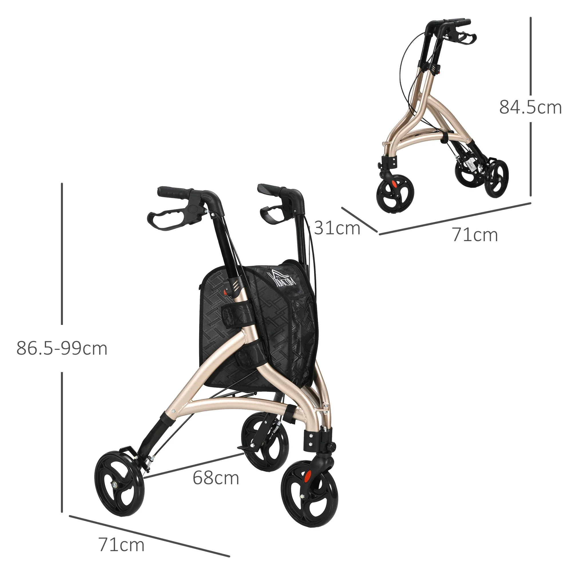 HOMCOM Lightweight Aluminium 3-Wheel Rollator With Adjustable Handle Storage Bag - Image 5