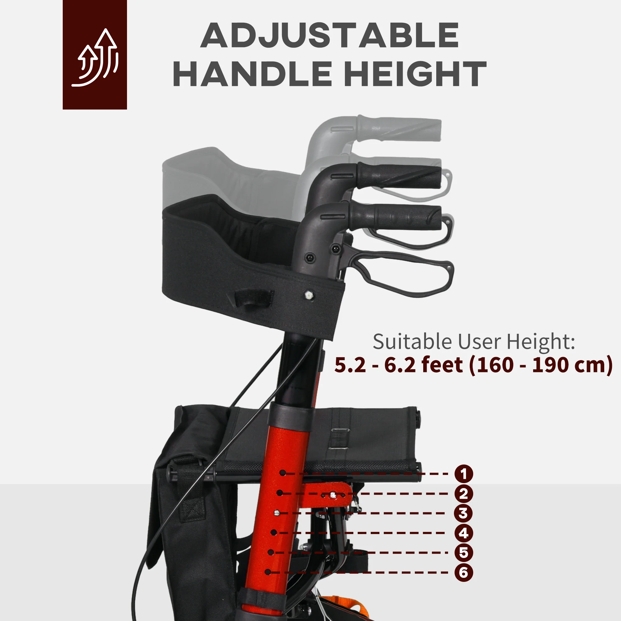 HOMCOM Lightweight Walking Frame with Adjustable Handle, Red - Image 3