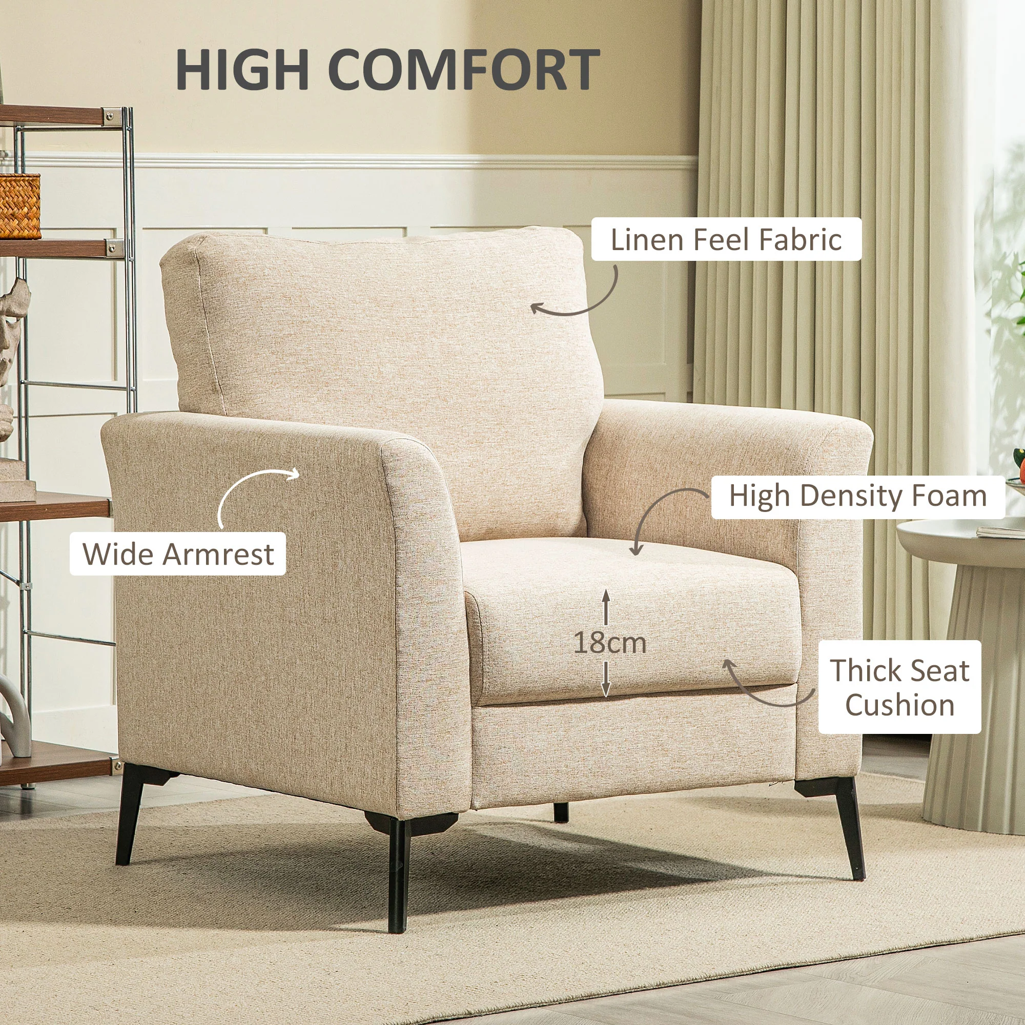 HOMCOM Linen Fabric Modern Accent Chair with Metal Legs, Wood Frame, Beige - Image 3