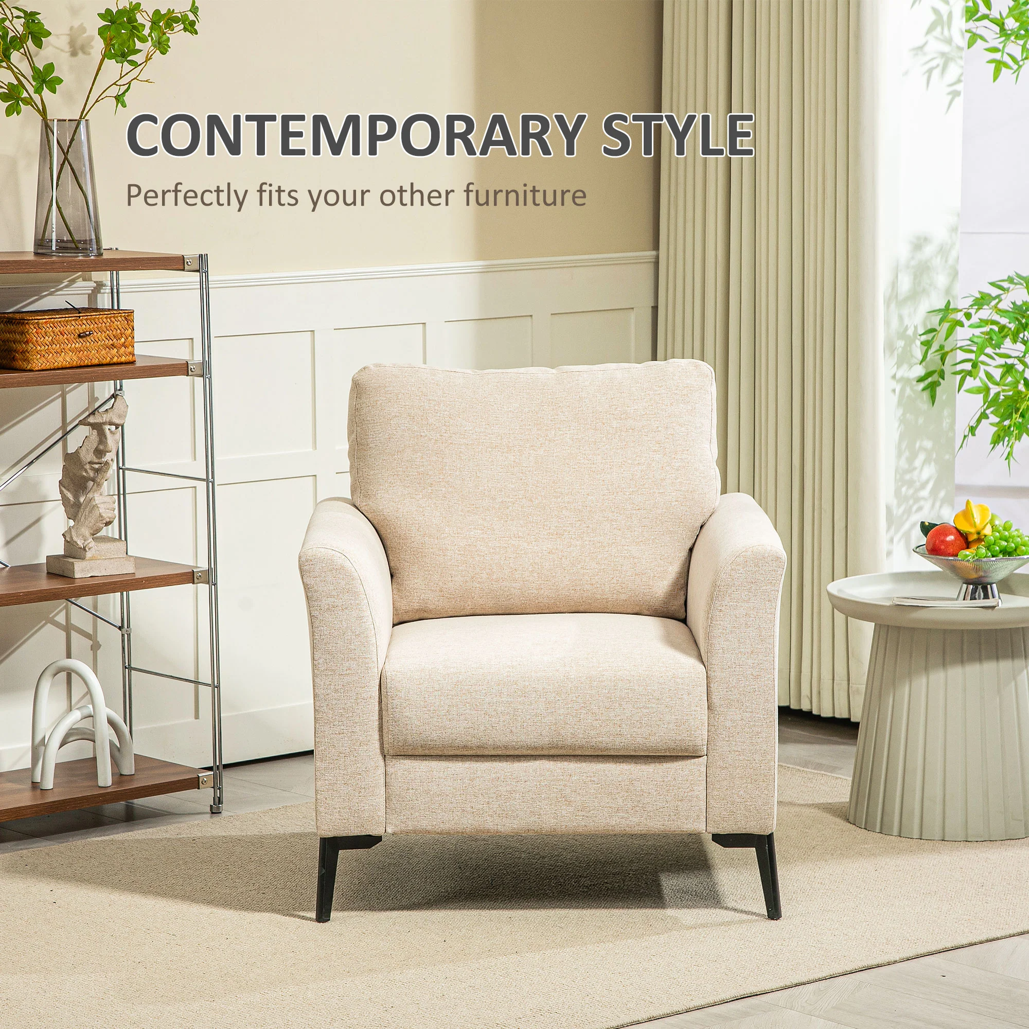 HOMCOM Linen Fabric Modern Accent Chair with Metal Legs, Wood Frame, Beige - Image 4