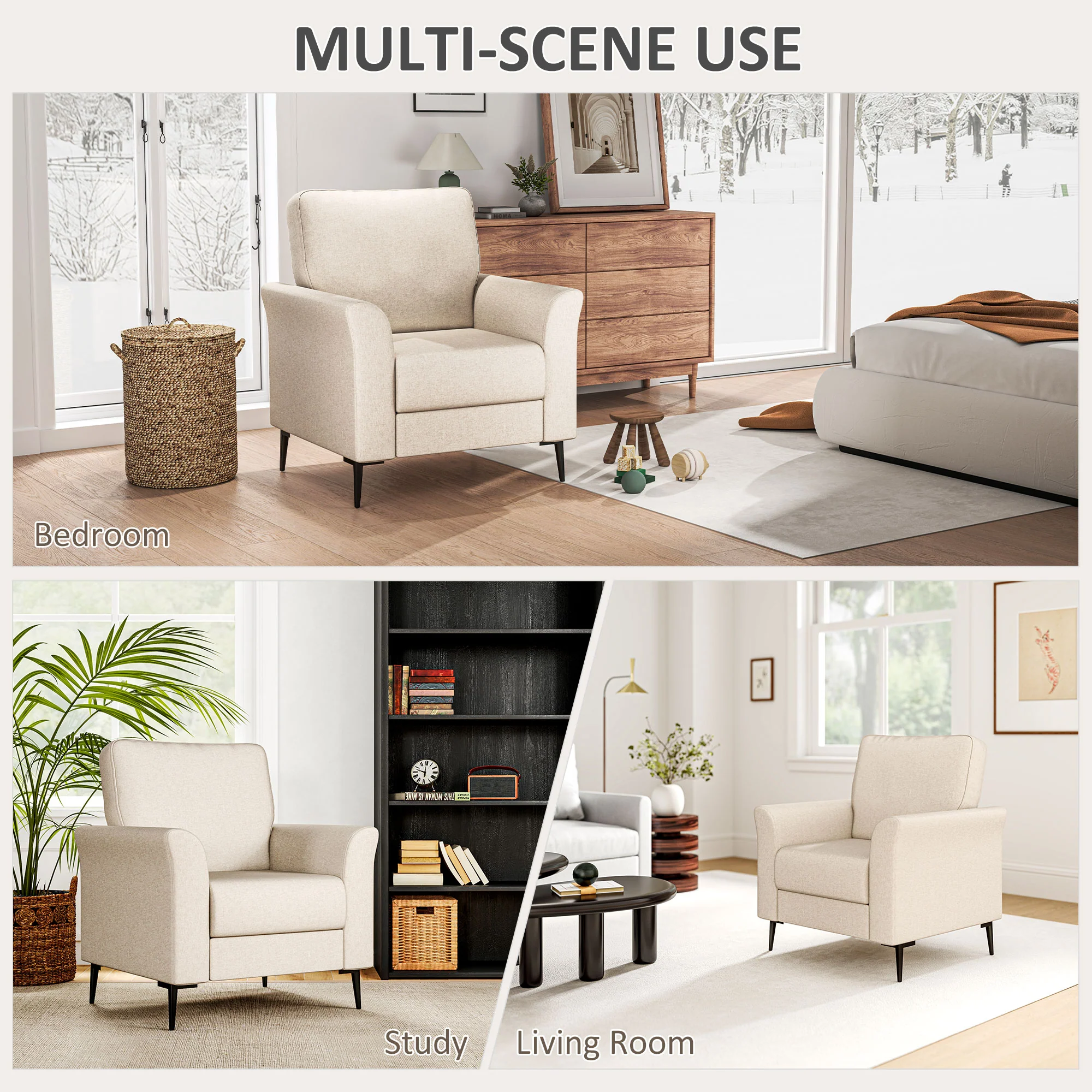 HOMCOM Linen Fabric Modern Accent Chair with Metal Legs, Wood Frame, Beige - Image 7