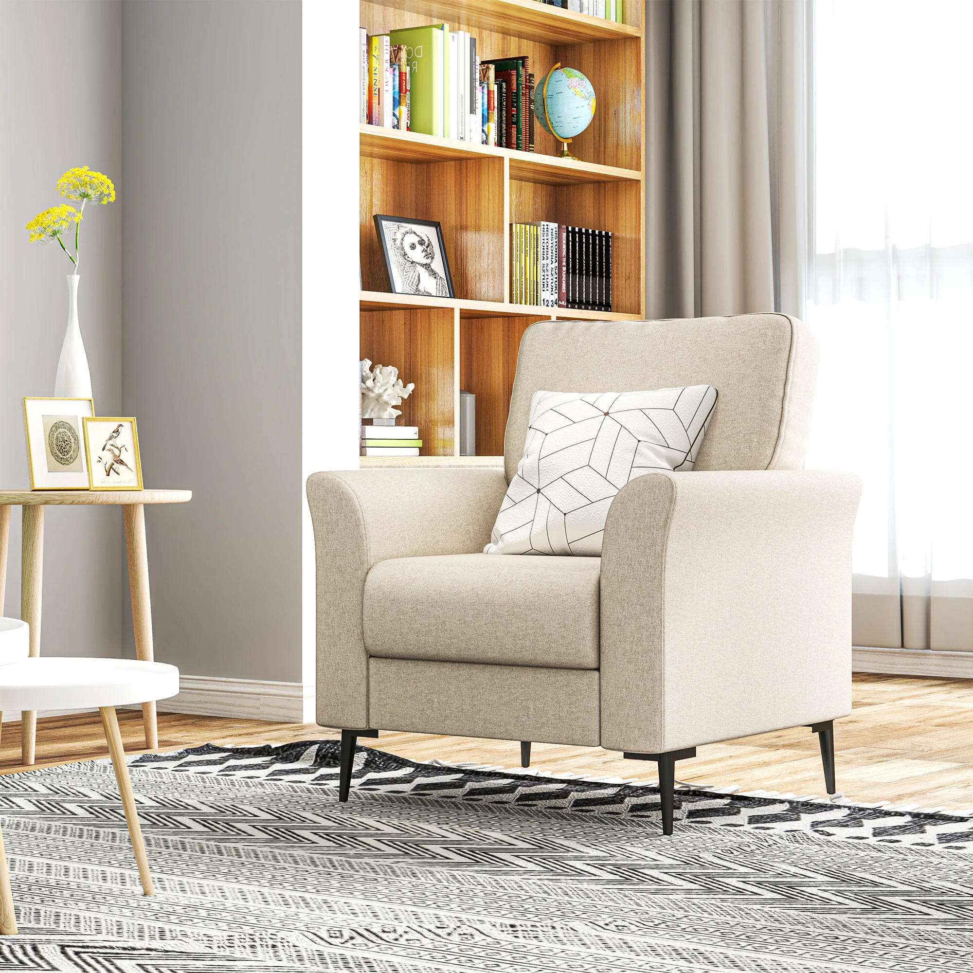 HOMCOM Linen Fabric Modern Accent Chair with Metal Legs, Wood Frame, Beige - Image 8