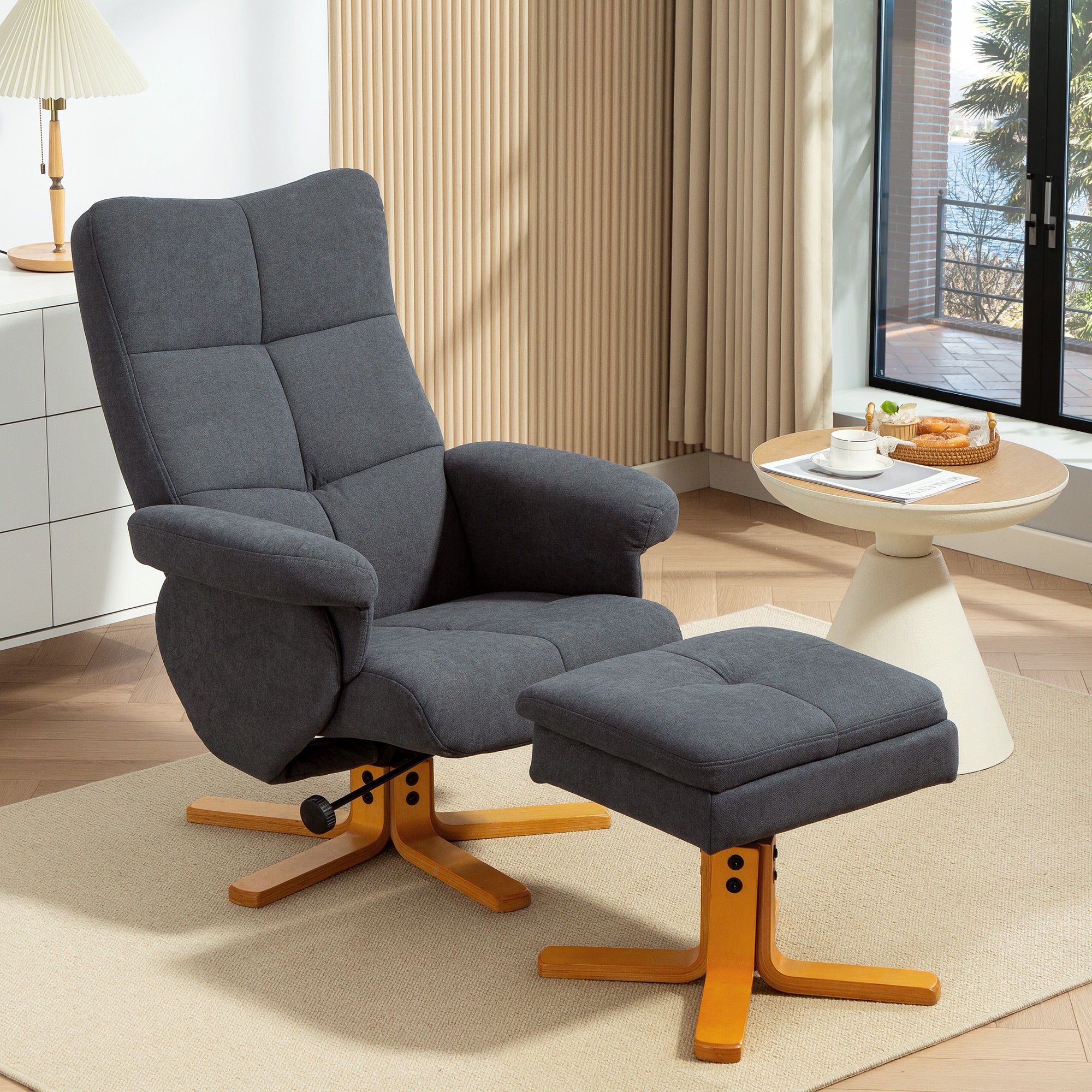 HOMCOM Linen Recliner Chair And Footstool Wooden Base Grey - Image 2