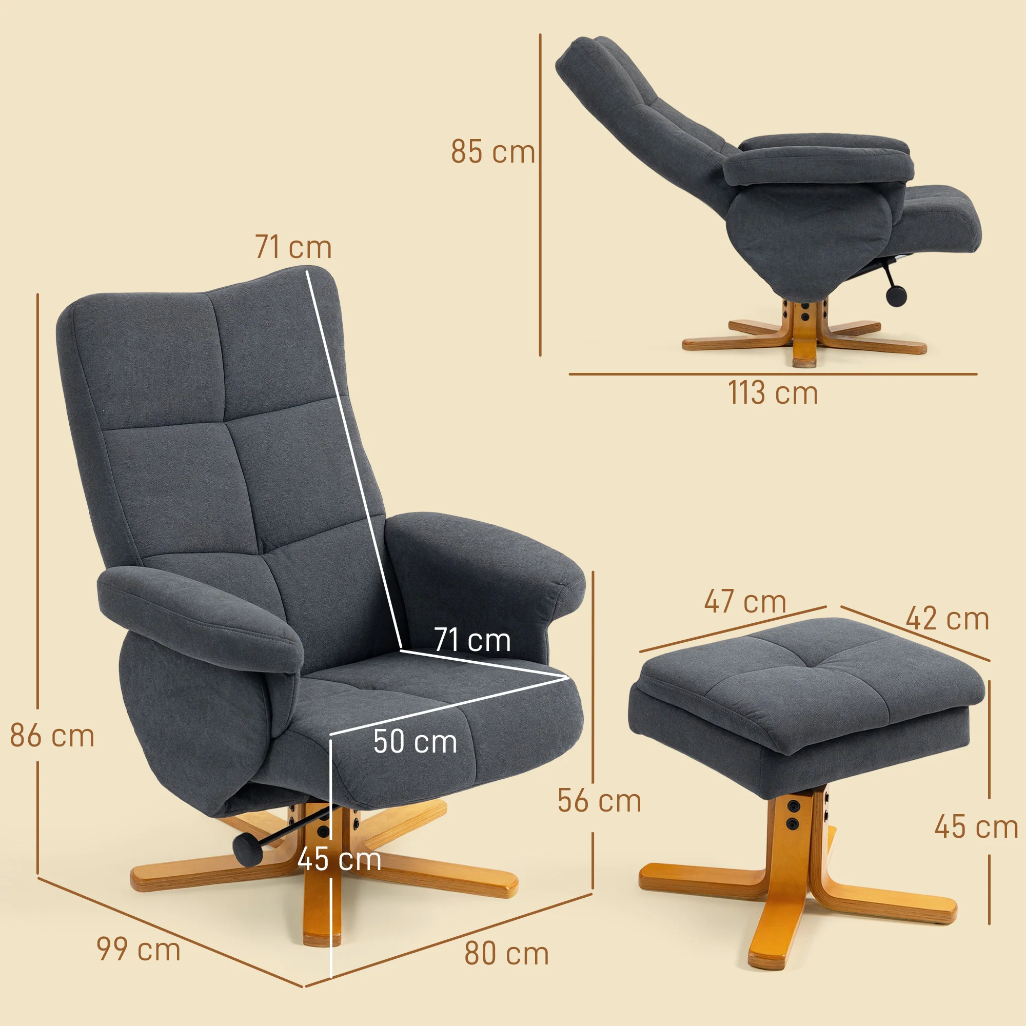 HOMCOM Linen Recliner Chair And Footstool Wooden Base Grey - Image 5