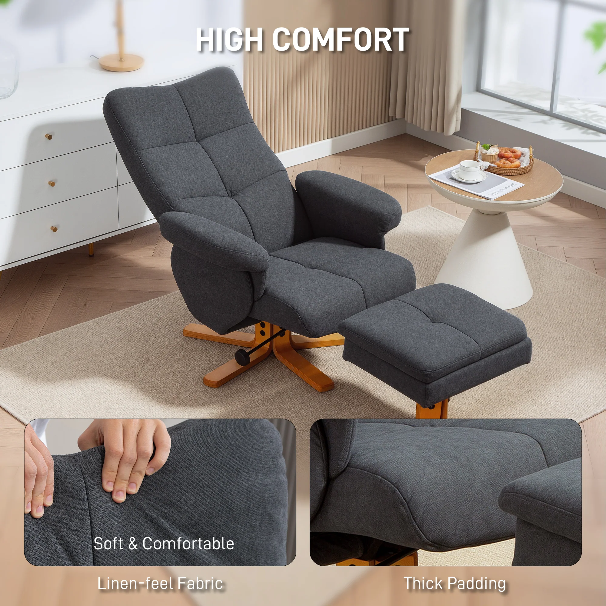 HOMCOM Linen Recliner Chair And Footstool Wooden Base Grey - Image 6