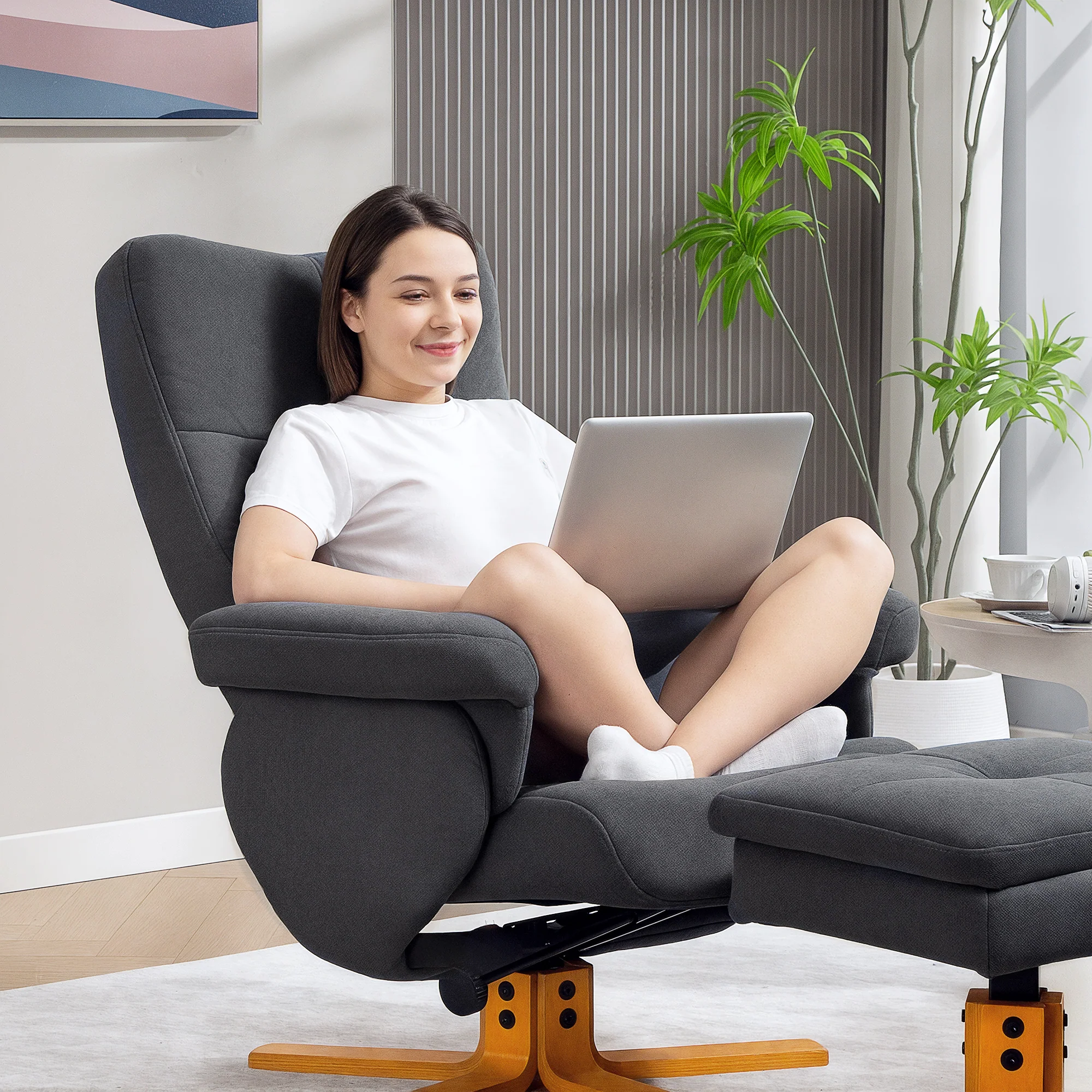 HOMCOM Linen Recliner Chair And Footstool Wooden Base Grey - Image 9