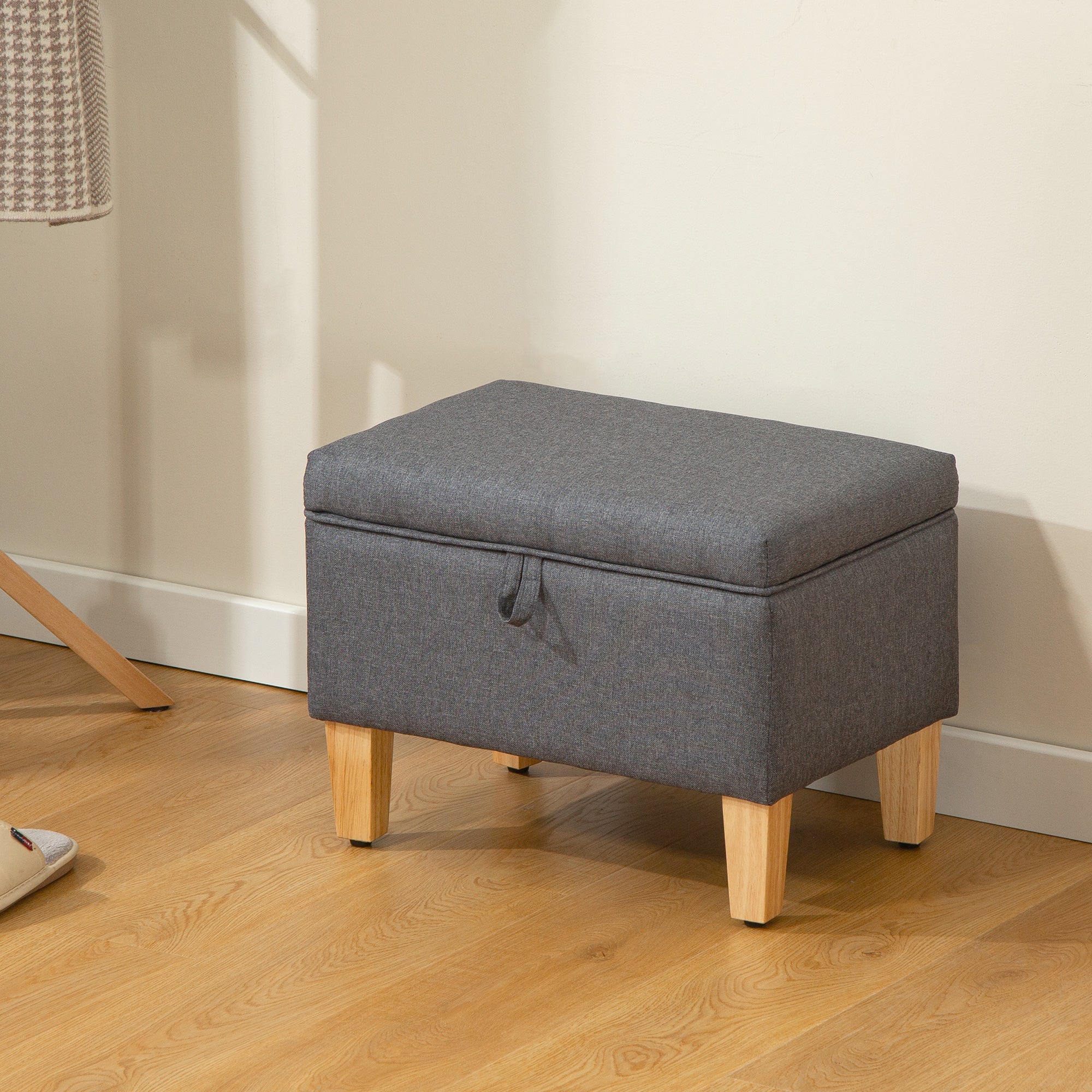 HOMCOM Linen Storage Ottoman Storage Box With Rubberwood Legs, Charcoal Grey - Image 2