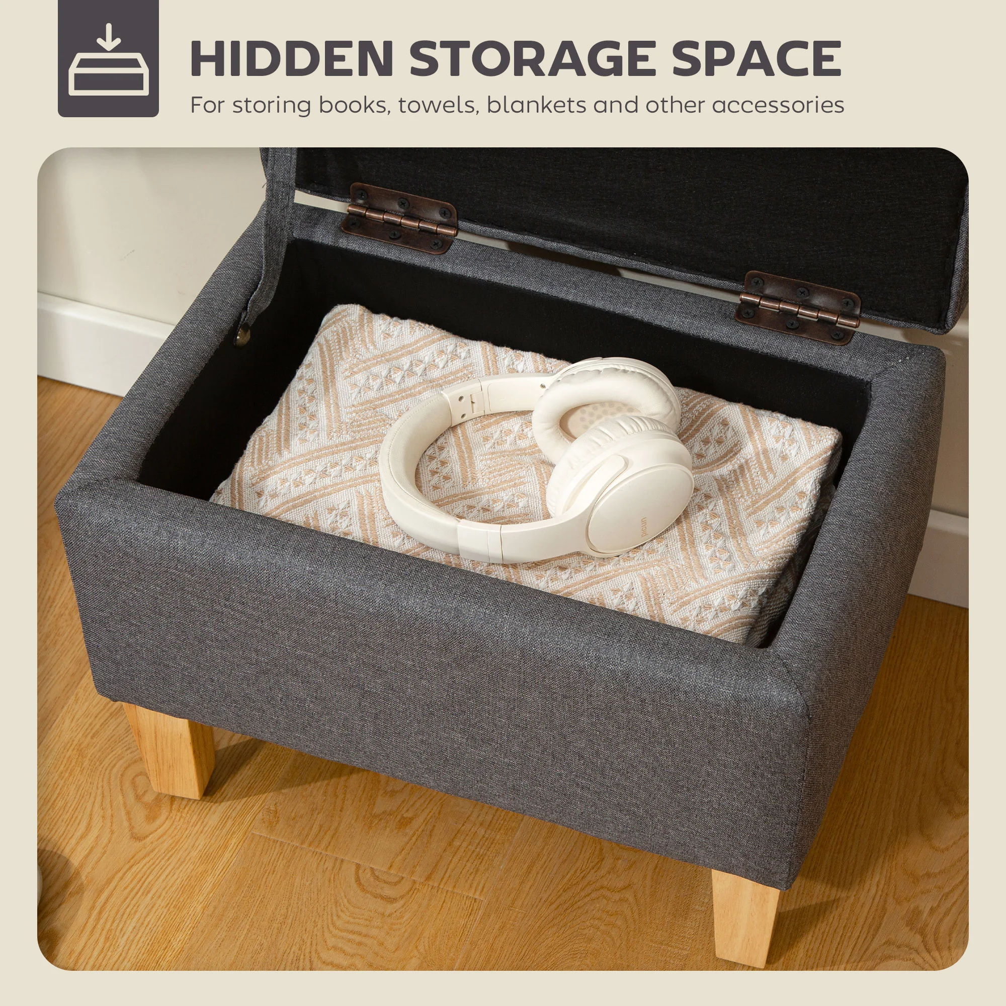 HOMCOM Linen Storage Ottoman Storage Box With Rubberwood Legs, Charcoal Grey - Image 3